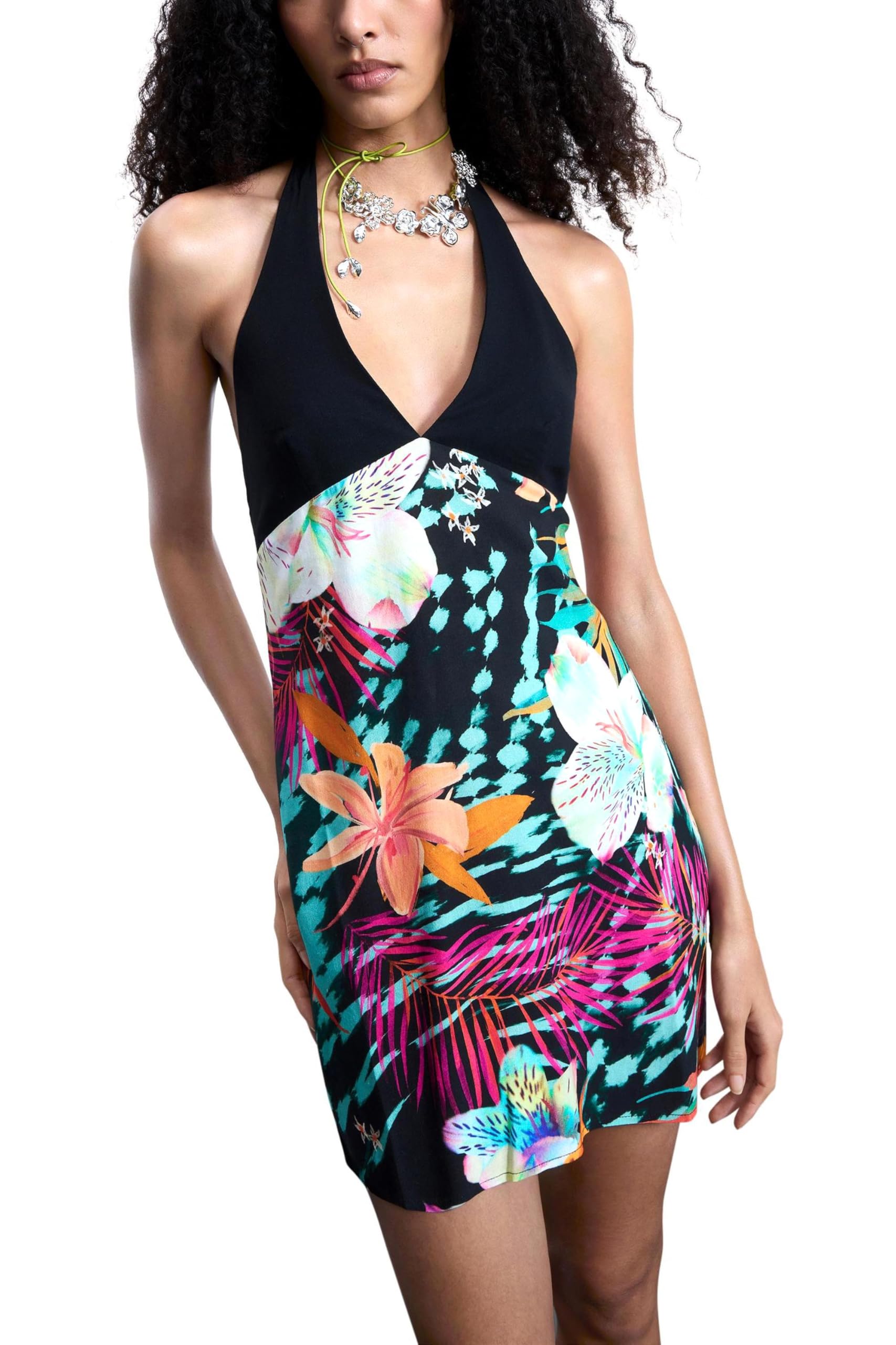 Desigual Damen Schwarz Kurzes Tropisches Kleid, Viskose, M