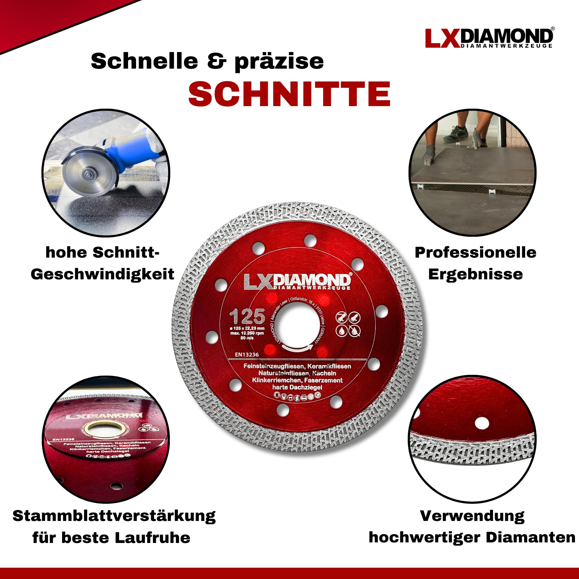 Diamant-Trennscheibe 125mm x 22,23mm - Diamantscheibe für Feinsteinzeugfliesen Fliesen Natursteinfliesen - Segmentbreite 1,4mm dünn - Premium Trennscheibe 125 mm für Winkelschleifer