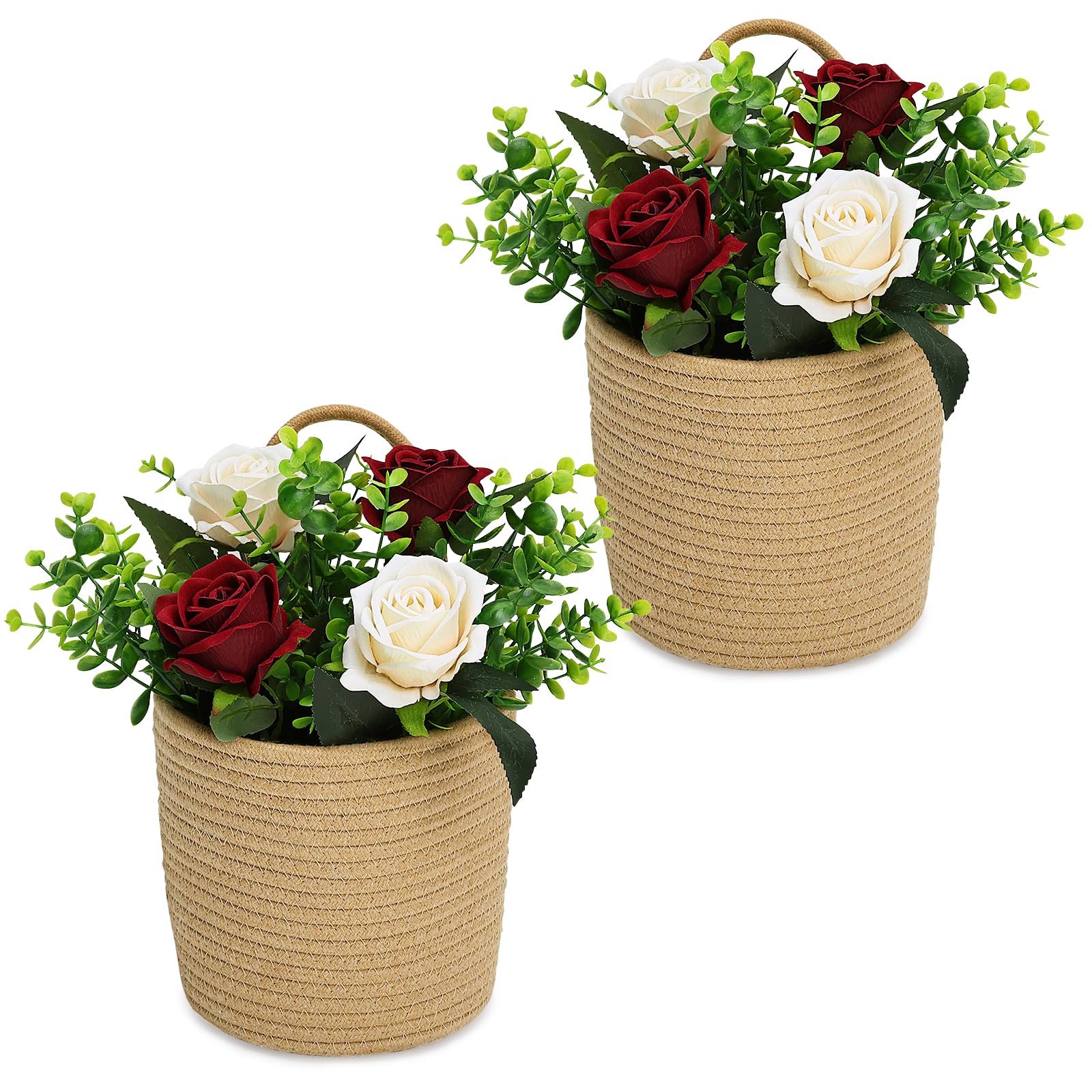 Nagobi 2 Pack Wall Hanging Rope Basket with Artificial Roses Eucalyptus Farmhouse Decor, Jute Basket Floral Arrangement for Entryway Kitchen Bedroom