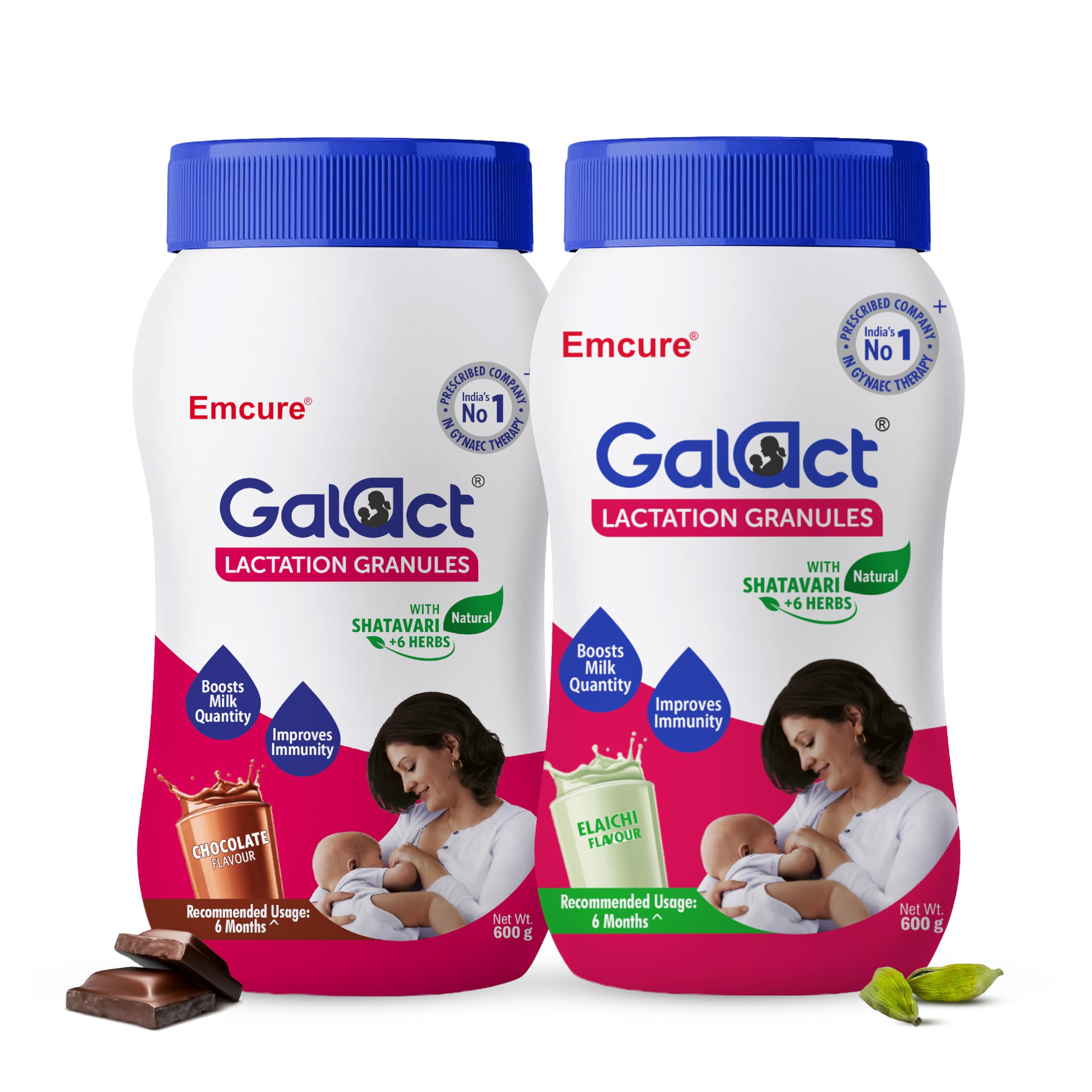 Galact Lactation Granules 600g x 2 for Breastfeeding Mothers | 4X Breast Milk Boost | Clinically Tested Lactation Supplement | Shatavari & 6 Herbs | Boost Immunity | Chocolate + Elaichi | 60 Days Pack