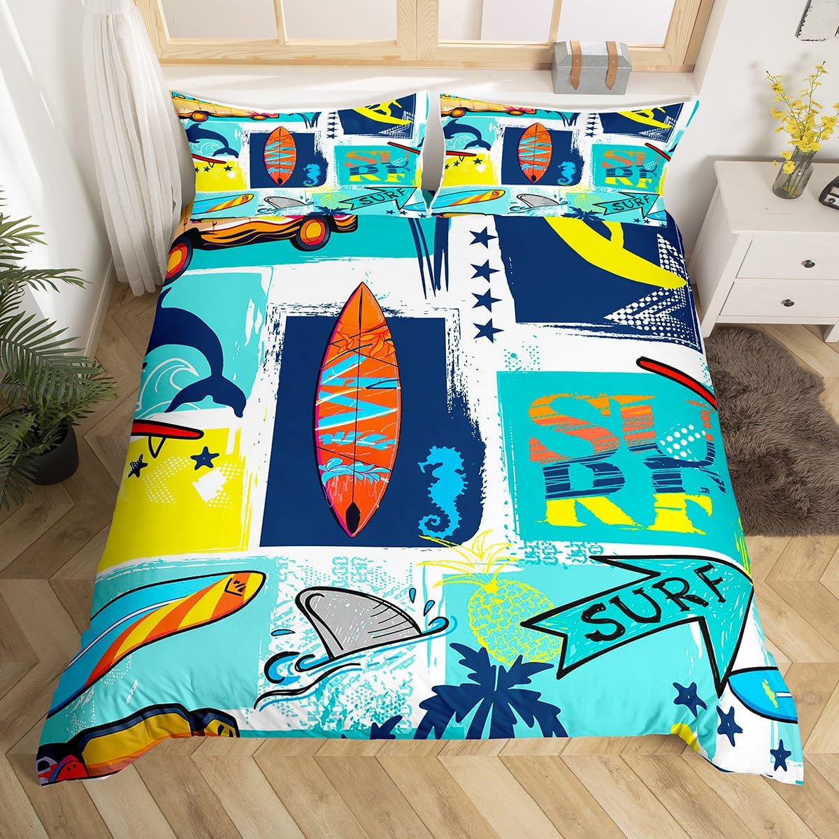 Surfing Sports Duvet Cover Twin Size,Colorful Surf Themed Graffiti Painting Comforter Cover Set for Kids Boys Girls,Surfboard Fish Stars Plaid Bedding Quilt Cover Set Bedroom Decor, 2 Pieces