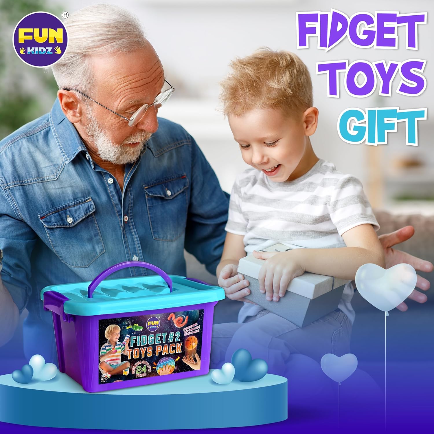 Fidget Pack Box for Boys Girls 4-12, FunKidz Fidget Toys for Kids 5-7 Autistic Sensory Mystery Birthday Gifts in Reusable Portable Treasure Box Nice Party Favors