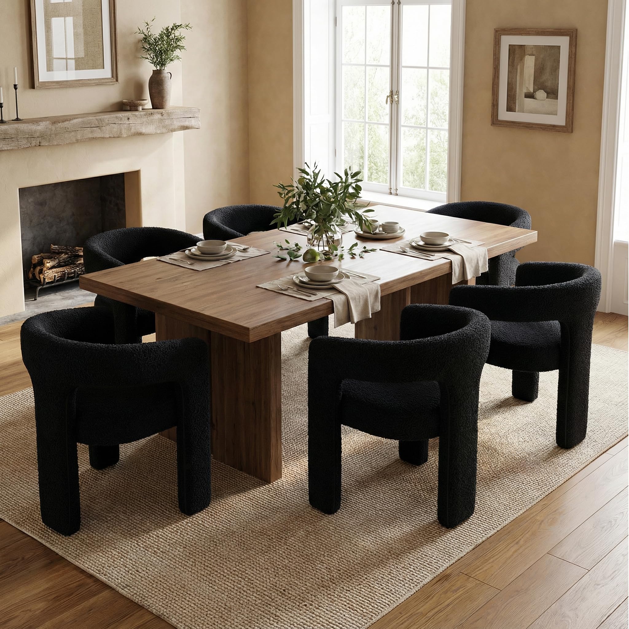 COMULER Black Sherpa Dining Chairs Set of 6, Modern Barrel Dining Room Chairs Upholstered Faux Fur Accent Chair with Arms and Round Back for Living