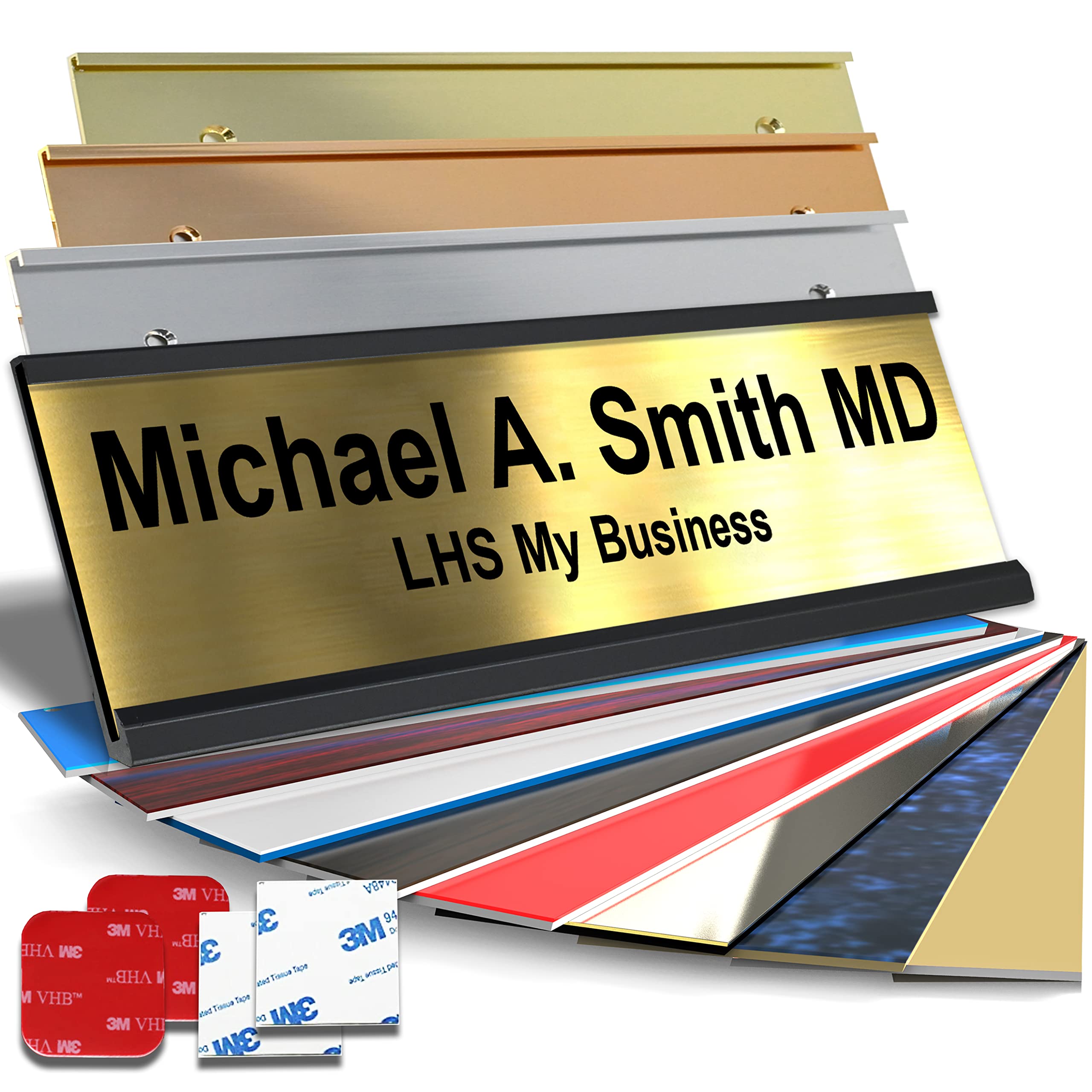 Personalized Office Wall or Door Name Plate Includes Choice of Holders for Walls, Doors, Cubicles, Hanging and More - Custom Brushed Brass Plastic