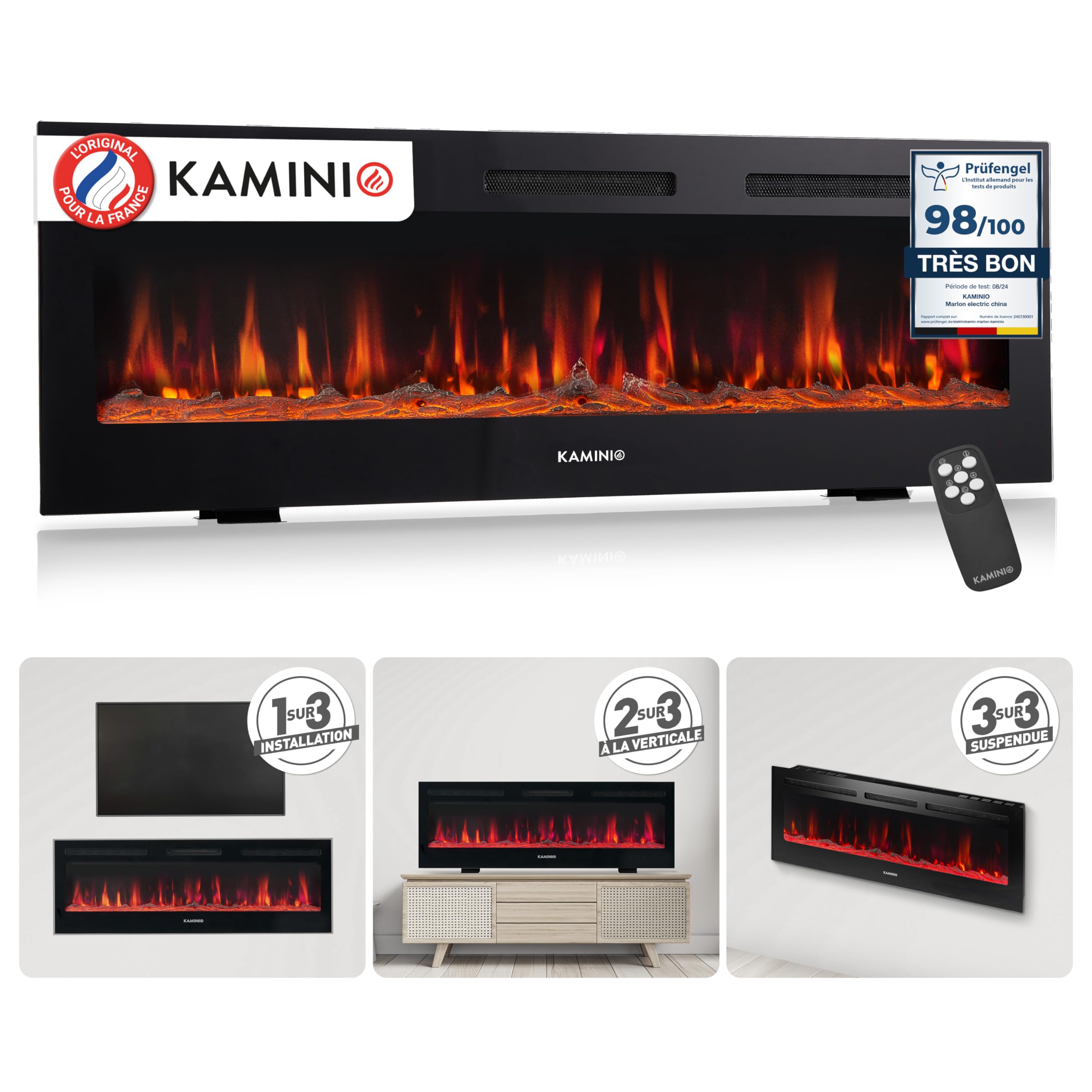 KAMINIO Cheminée Electrique Marlon - Cheminée Électrique 3-en-1 avec Chauffage, Effet de Flamme 3D, 12 Couleurs de Flammes, télécommande (60 Pouces) - 1