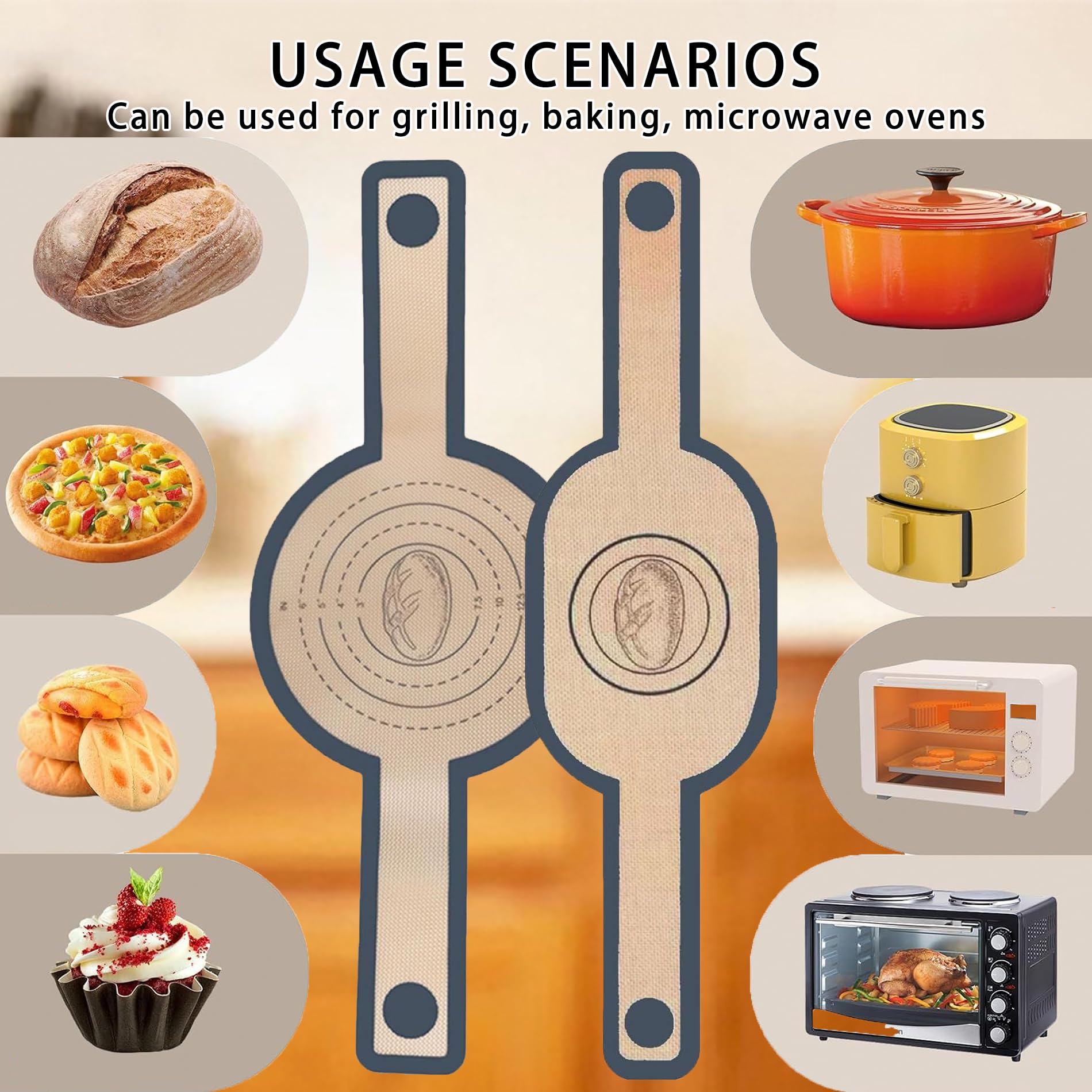 2 szt. mata do pieczenia chleba, z Silikonu Do Kontaktu z Żywnością, Wielorazowego Użytku i Żaroodporna do Dutch Oven, Air Fryer, Blachy do Pieczenia (58,2x15,8cm Elipsa + 55,7x21cm Okrągły, Brązowy)