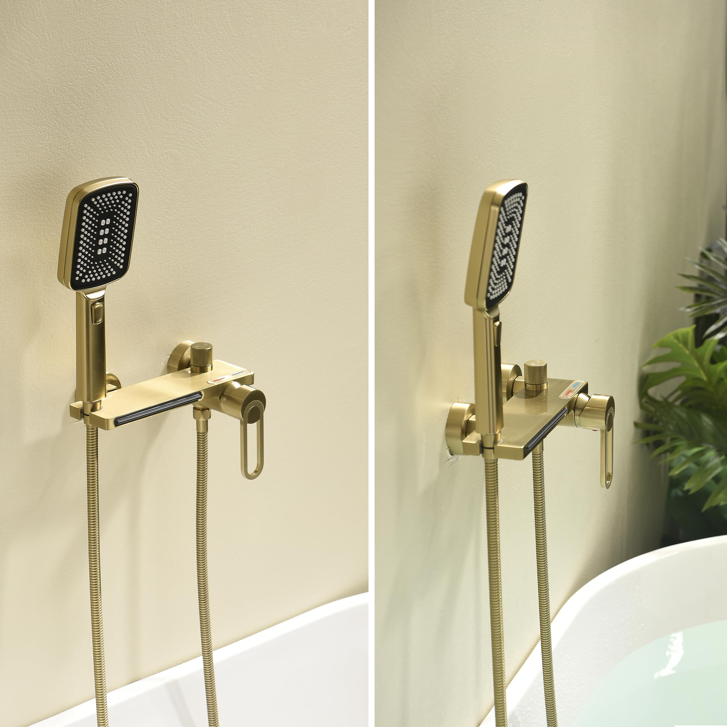 XJTNLB Robinet de Baignoire avec Douchette Mitigeur Douche Or Brossé, Mitigeur Cascade Baignoire Robinet Bain Douche Mural en Laiton