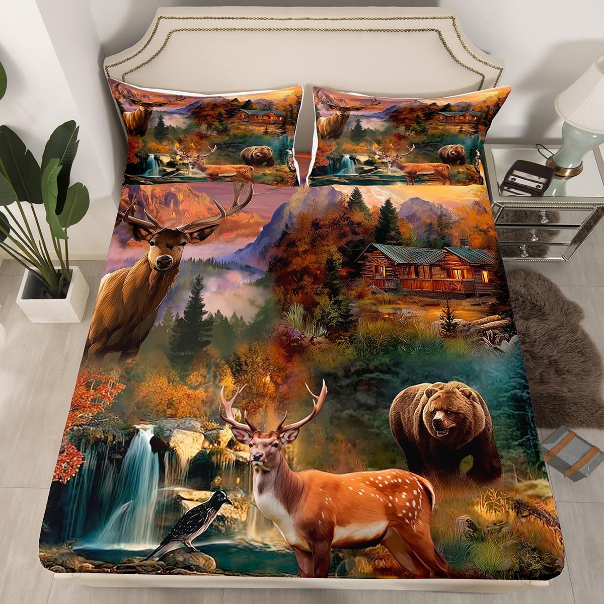 Homewish Juego de sábanas de caza de oso ciervo, tamaño doble, rústico, cabaña, cabaña, granja, bosque, animales, juego de sábanas de 4 piezas