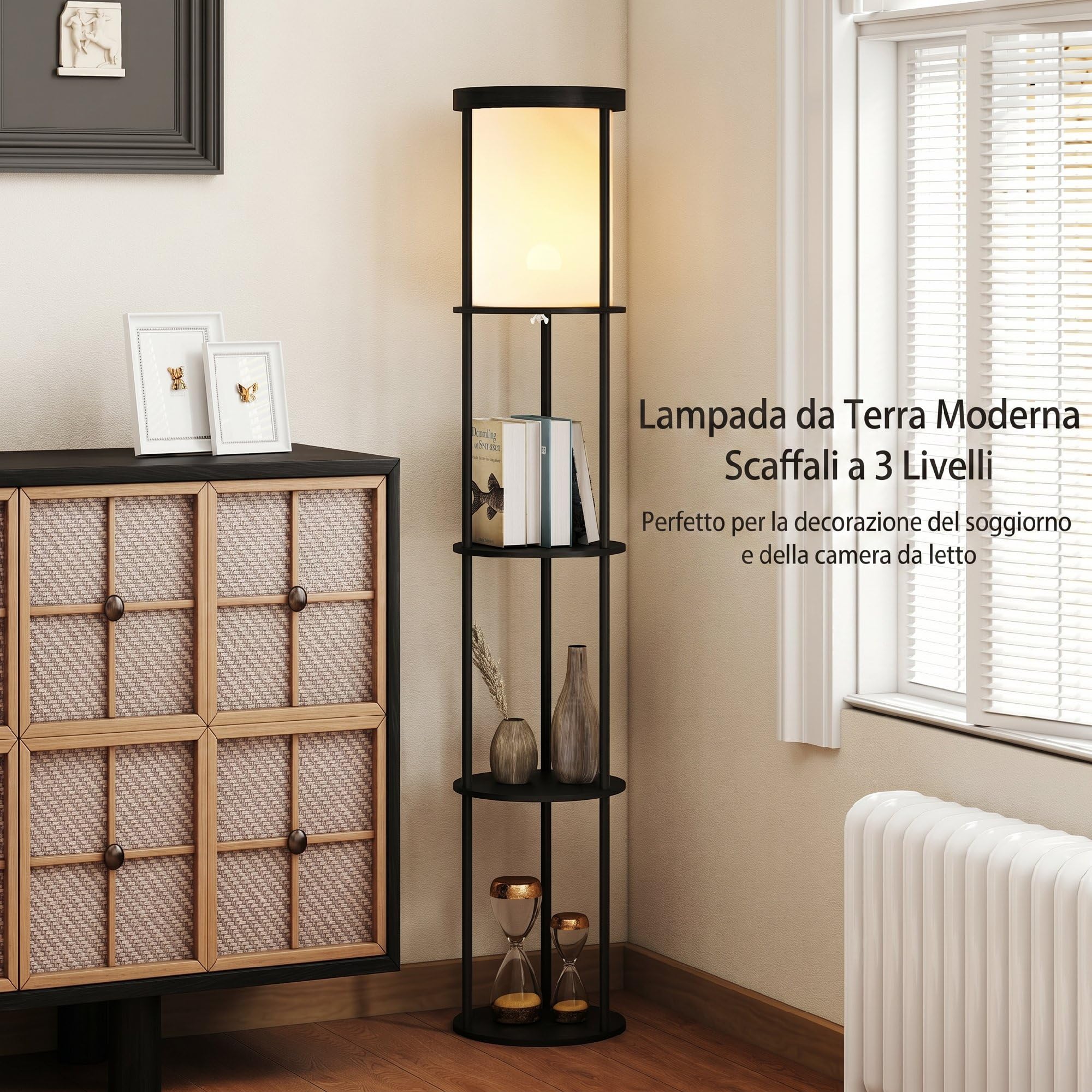 HOMCOM Lampada da Terra LED con Ripiani Rotondi, Piantana Moderna Nero | Paralume in Tessuto, Interruttore a Pedale e Telecomando, per Soggiorno e Camera da Letto