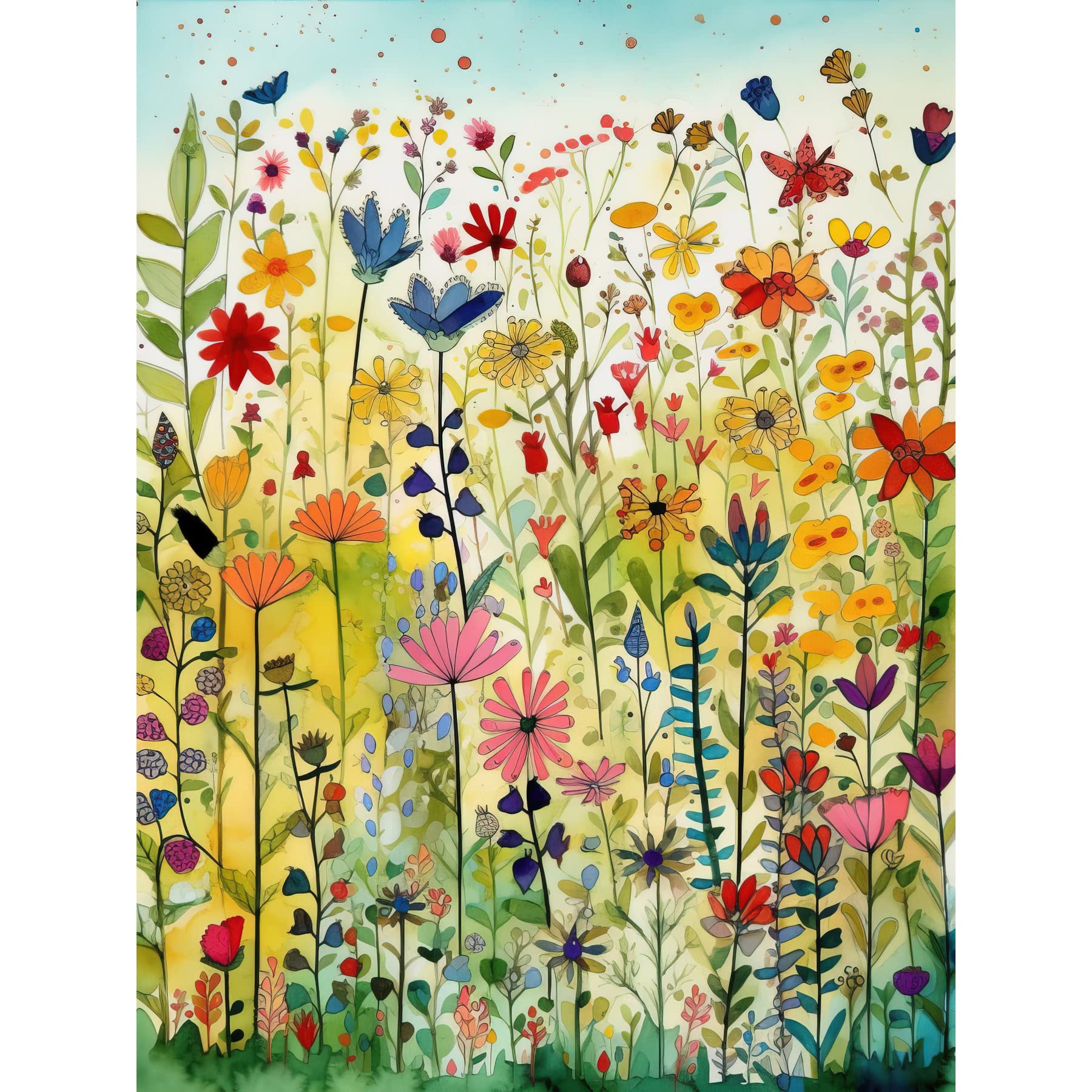 Artery8 Mixed Wildflower Bloom In Meadow Folk Art Large Wall Art Poster Print Thick Paper 18X24 Inch