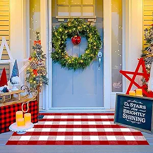 Ckorzen Red and White Plaid Rug, 3' x 5' Christmas Front Porch Outdoor Rug, Handwoven Cotton Washable Rug for Layered Door Mats, Holiday Entryway and Home Décor