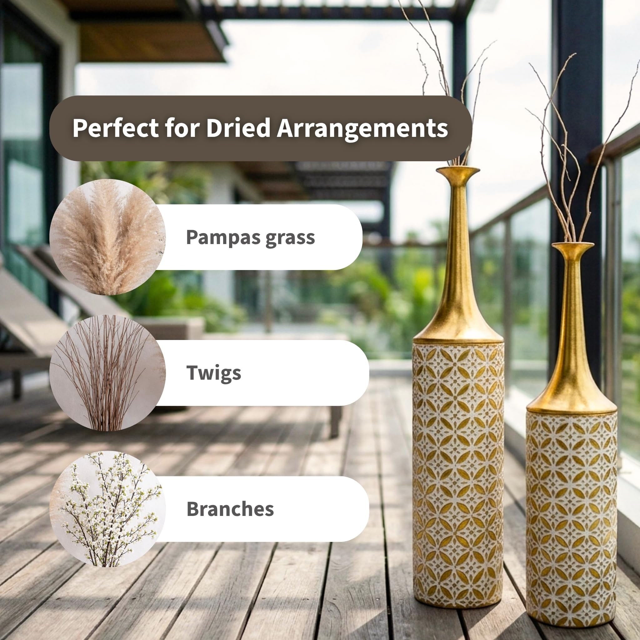 Leewadee Lot de 2 Grands Vases sur Pied Métal pour Pampa | 2 Vases Déco pour le Salon, en paire près cheminée & TV pour Pampa & branches. Incassable, sans éclats