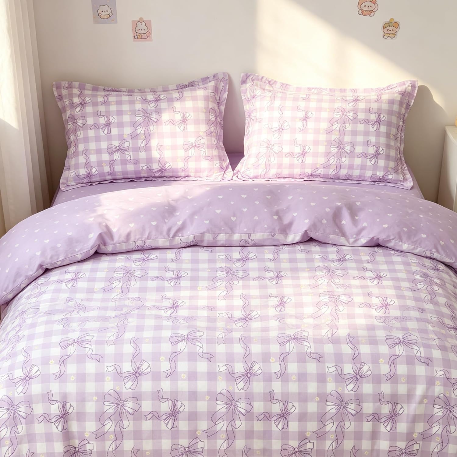 CCoutueChen Purple Bow Duvet Cover Queen Size for Girls, Cute Gingham Plaid Bedding Set with Love Heart Back, 3 Pcs Checkered Duvet Cover with 2 Pillowcases, 90"x90"