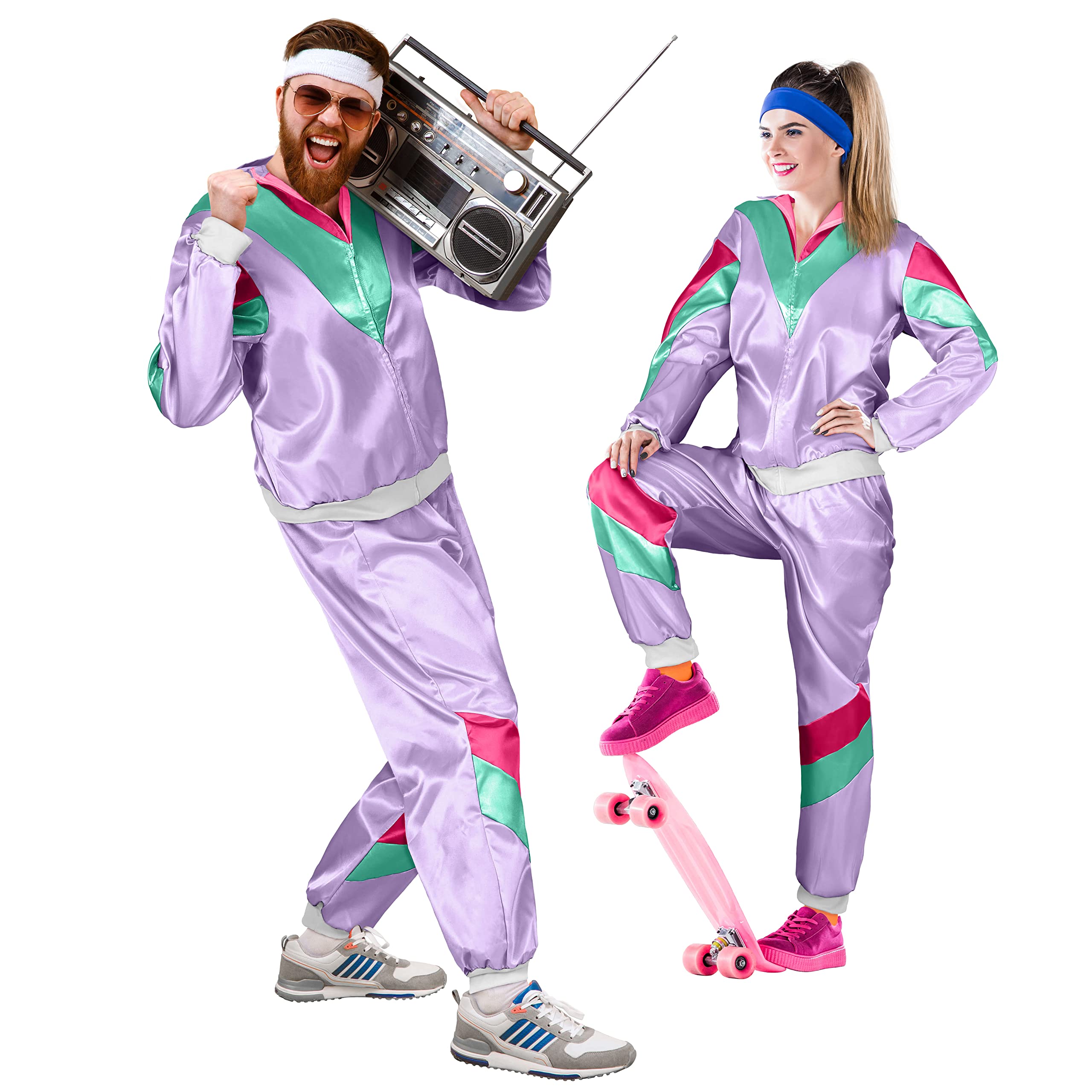Balinco Tracksuit 80s & 90s Outfit Retro Unisex - Assi Costume for Men & Women for Carnival, Fancy Dress, Bad Taste & Theme Parties - Tracksuit Jacket & Trousers Size S-XXL - Purple/Green/Pink