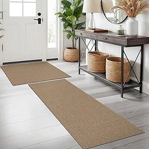 KOZYFLY Area Rug Runner Sets of 2 Pcs 2x3 and 2x5 Washable Kitchen Rugs Non Slip Rubber Backed Hallway Rug Woven Cotton Entrance Rugs for Front Porch Bathroom Kitchen Bedroom, Tan/Orange/Brown