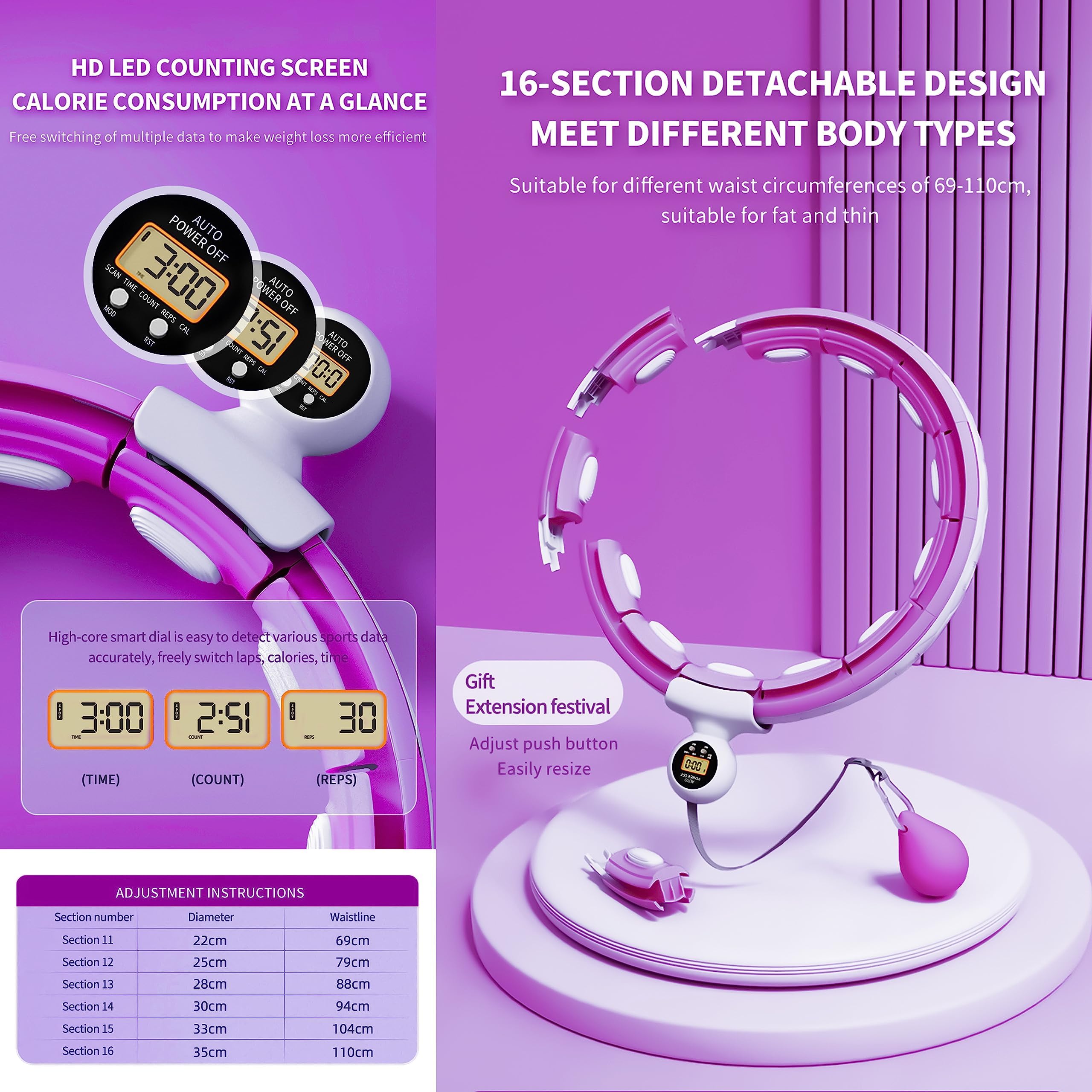 Smart Weighted Hula Ring Hoops, Hula Circle Abnehmbarer Fitnessring mit 360 Grad Auto-Spinning Ball Massage, Gymnastik, Erwachsene Fitness für Gewichtsverlust (