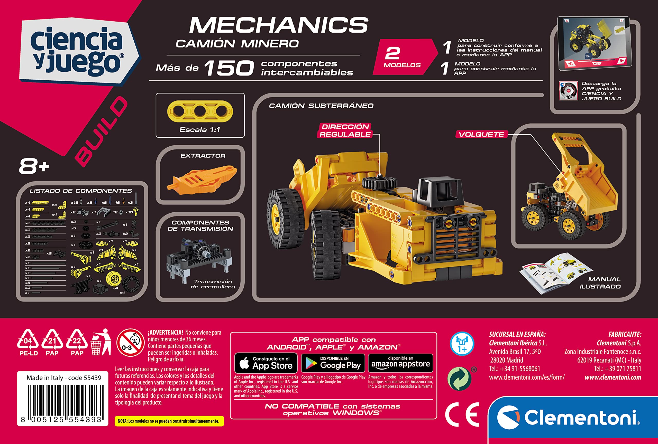 Clementoni - Mechanics Lab Camion Minero, Set di costruzione Camion con App a partire da 8 anni (55439)