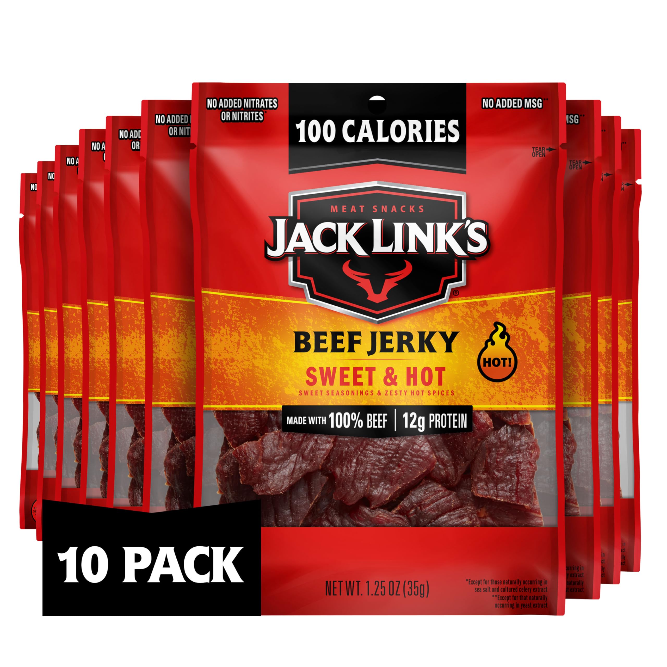 Jack Link's Meat Snacks Beef Jerky, Sweet and Hot, Great Stocking Stuffers and Gifts, 1.25 Ounce (Pack of 10)