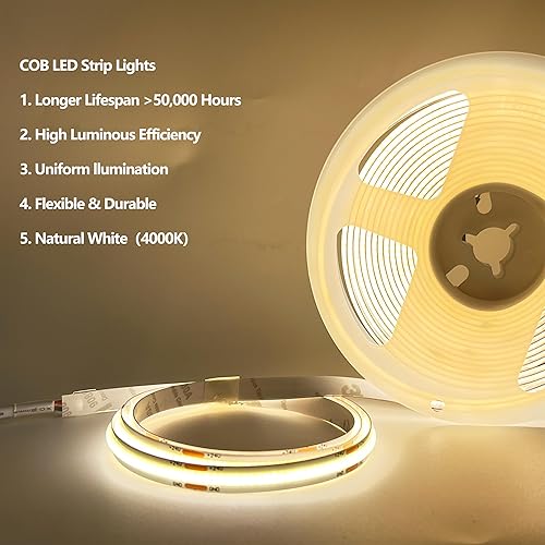 Miniatura 2 de PISIN Tira de luz LED COB de 24 V, color blanco natural, 4000 K, IP20, luz uniforme que emite 480 LEDsM, 16.4 pies16.4 ft, CRI90, flexible y