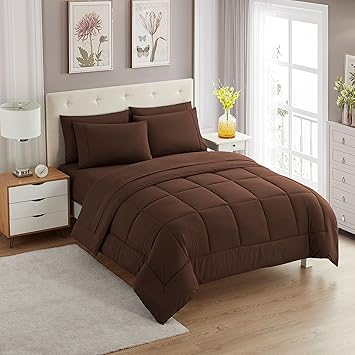 Sweet Home Collection 7 Piece Comforter Set Bag Solid Color All Season Soft Down Alternative Blanket & Luxurious Microfiber Bed Sheets, Brown, Full