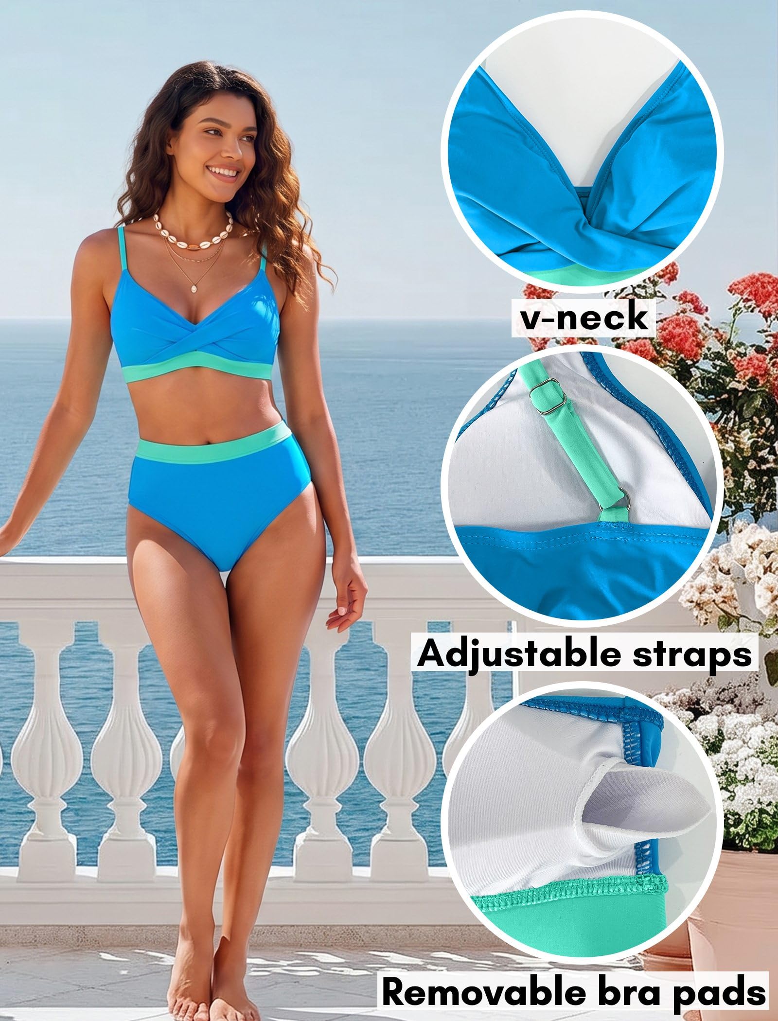 YNIQUE Damski zestaw bikini z dekoltem w serek, dwuczęściowy strój kąpielowy z wysokim stanem, strój kąpielowy push-up na plażę i basen