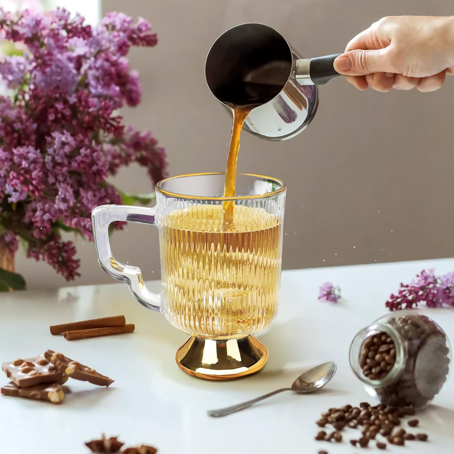 Joeyan Glass Coffee Mugs with Handle,Vintage Ribbed Clear Coffee Cups,Tea latte Cappuccino Espresso Milk Cups,Gold Rimmed Drinking Glasses,12 oz,Set of 2