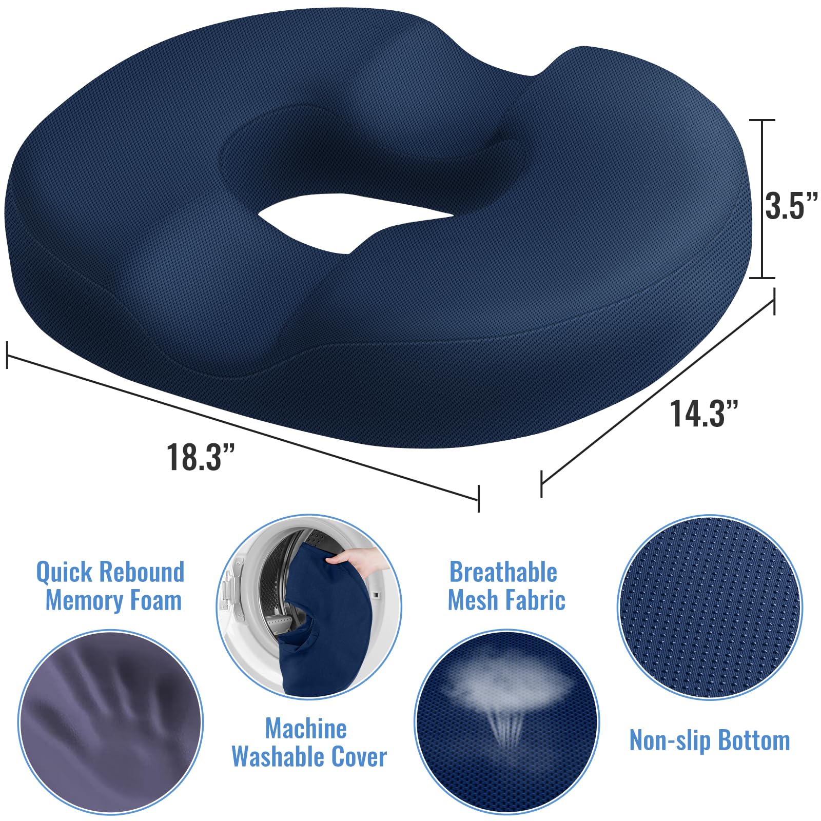 CloudBliss Cuscino da seduta a ciambella, per sollievo dal dolore al coccige ed emorroidi, in memory foam, per sedia postpartum, gravidanza, per uomini e donne, per casa e ufficio, (blu, XL)