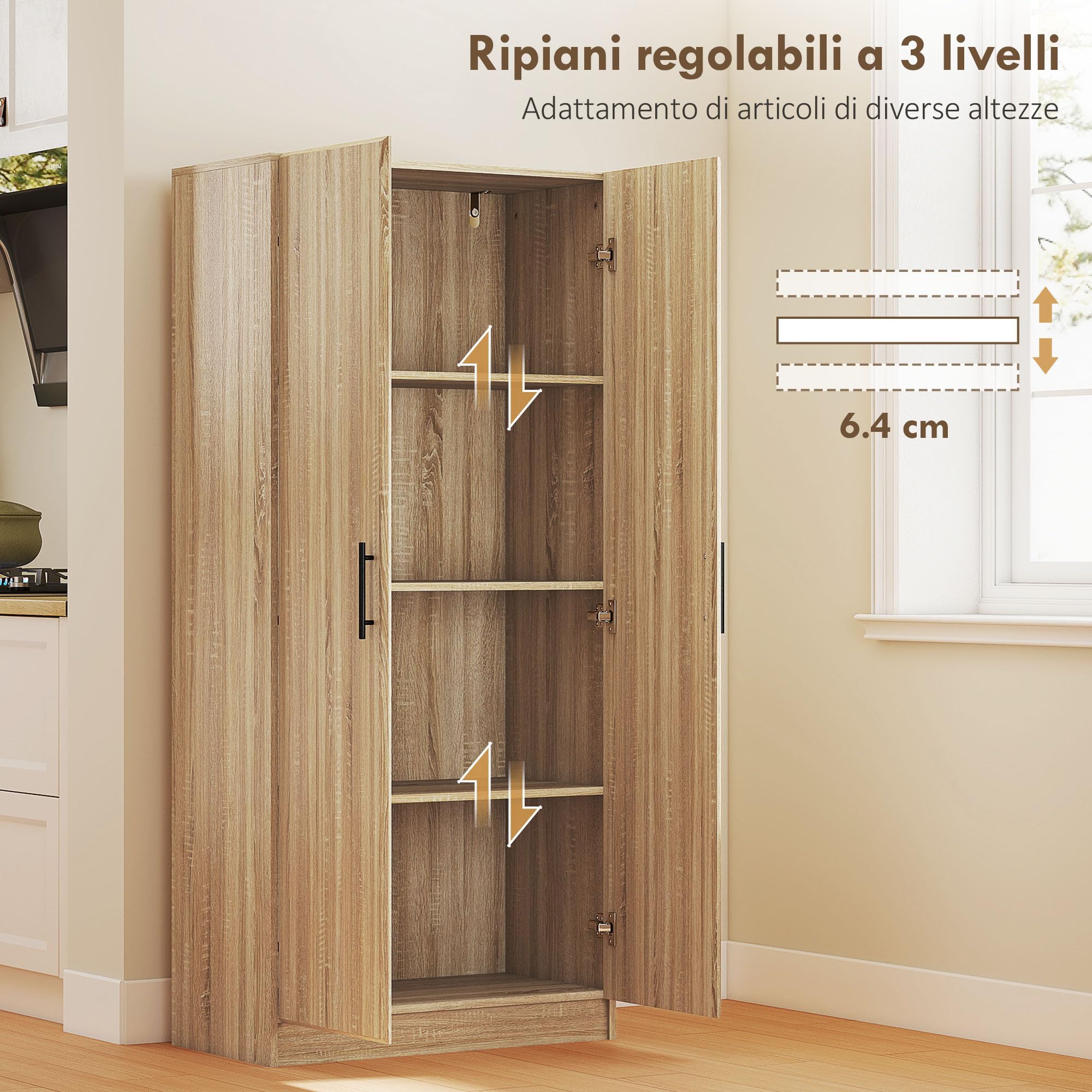 HOMCOM Credenza Cucina con Ante a Chiusura Ammortizzata, Dispensa Cucina con 2 Ripiani Regolabili, Mobile Dispensa per Soggiorno, Sala da Pranzo, Salotto, 75x40x165 cm, Color Legno