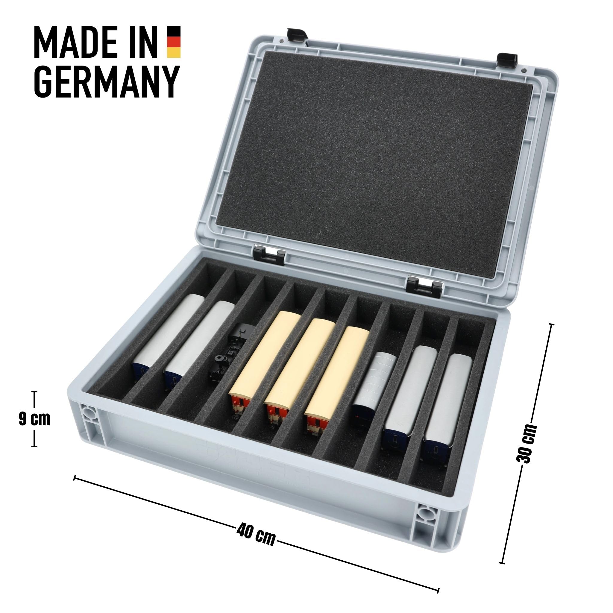 Feldherr Eurobox 40 x 30 cm do modeli kolei - waga H0e - 9 przegródek - wkładka piankowa do pionowego przechowywania - kompaktowy transport do lokomotyw i wagonów