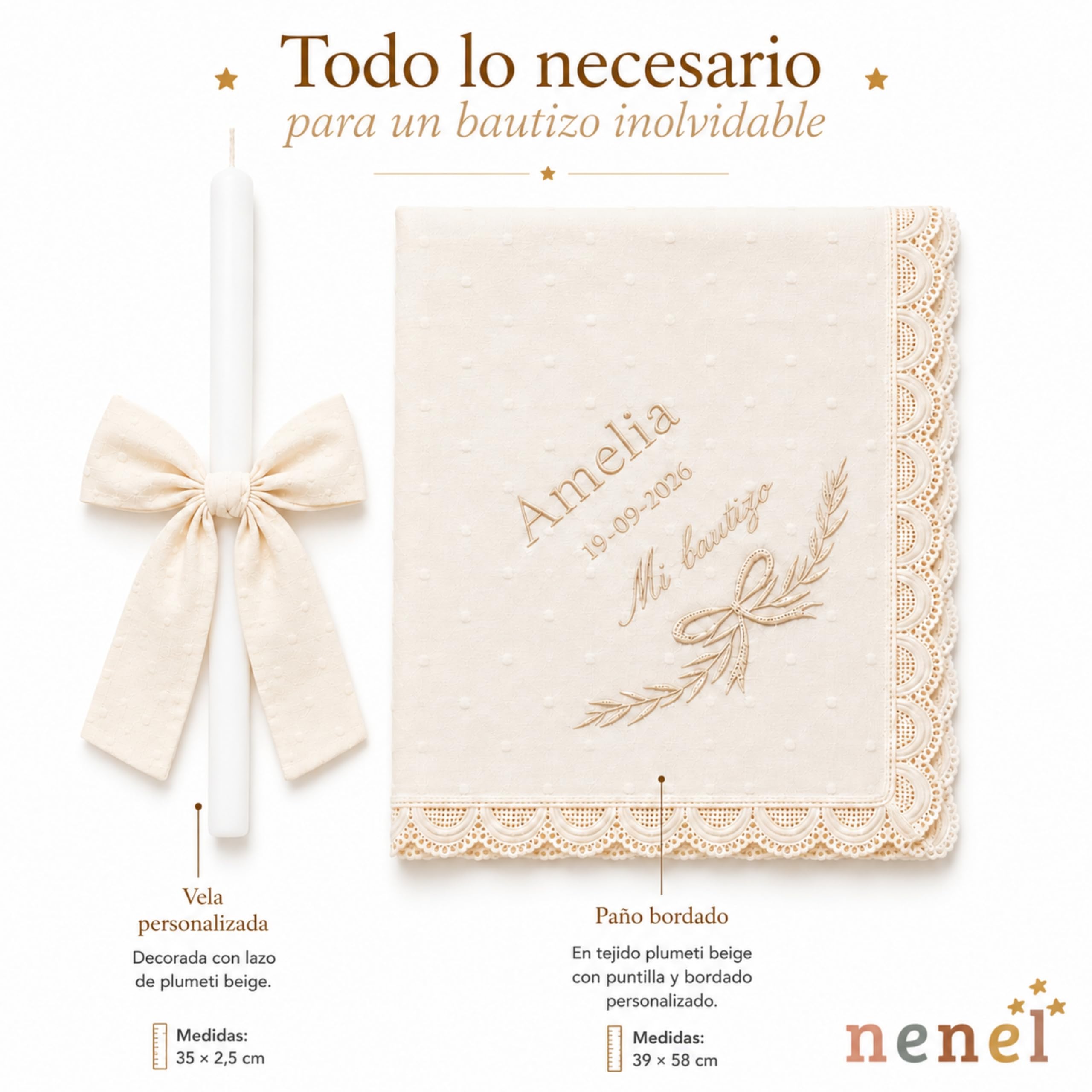 Nenel | Kit de Bautizo Personalizado con Vela y Paño Bordado Plumeti Beige – Regalo Recuerdo Original Bautismo – Cirio Bautismal con Lazo y Toalla con Nombre y Fecha