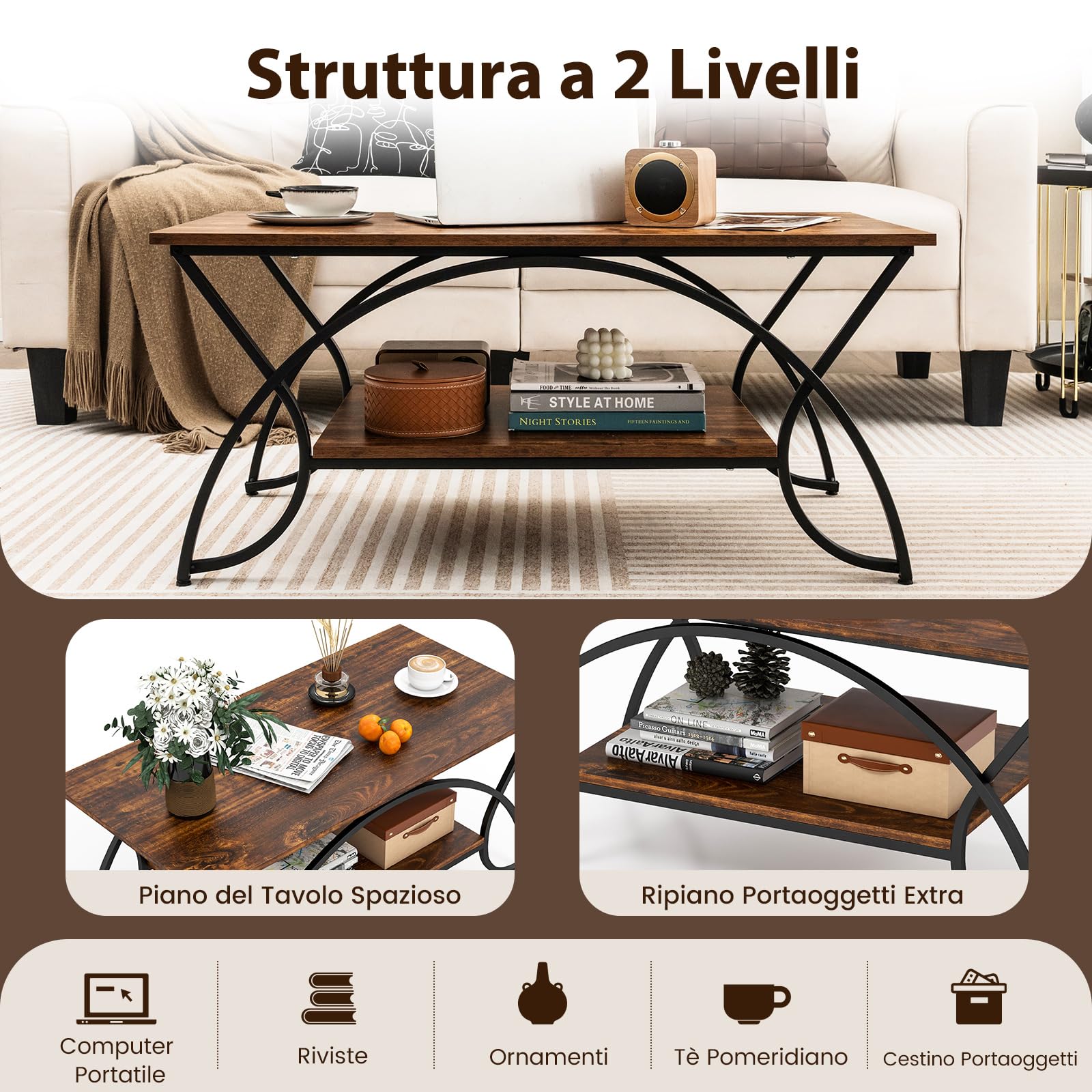 COSTWAY Tavolino da Caffè da Salotto, Tavolino Rettangolare a 2 Livelli con Struttura in Metallo, Tavolino Elegante e Moderno per Studio, Ufficio e Soggiorno, 100 x 50 x 45 cm (marrone e nero)