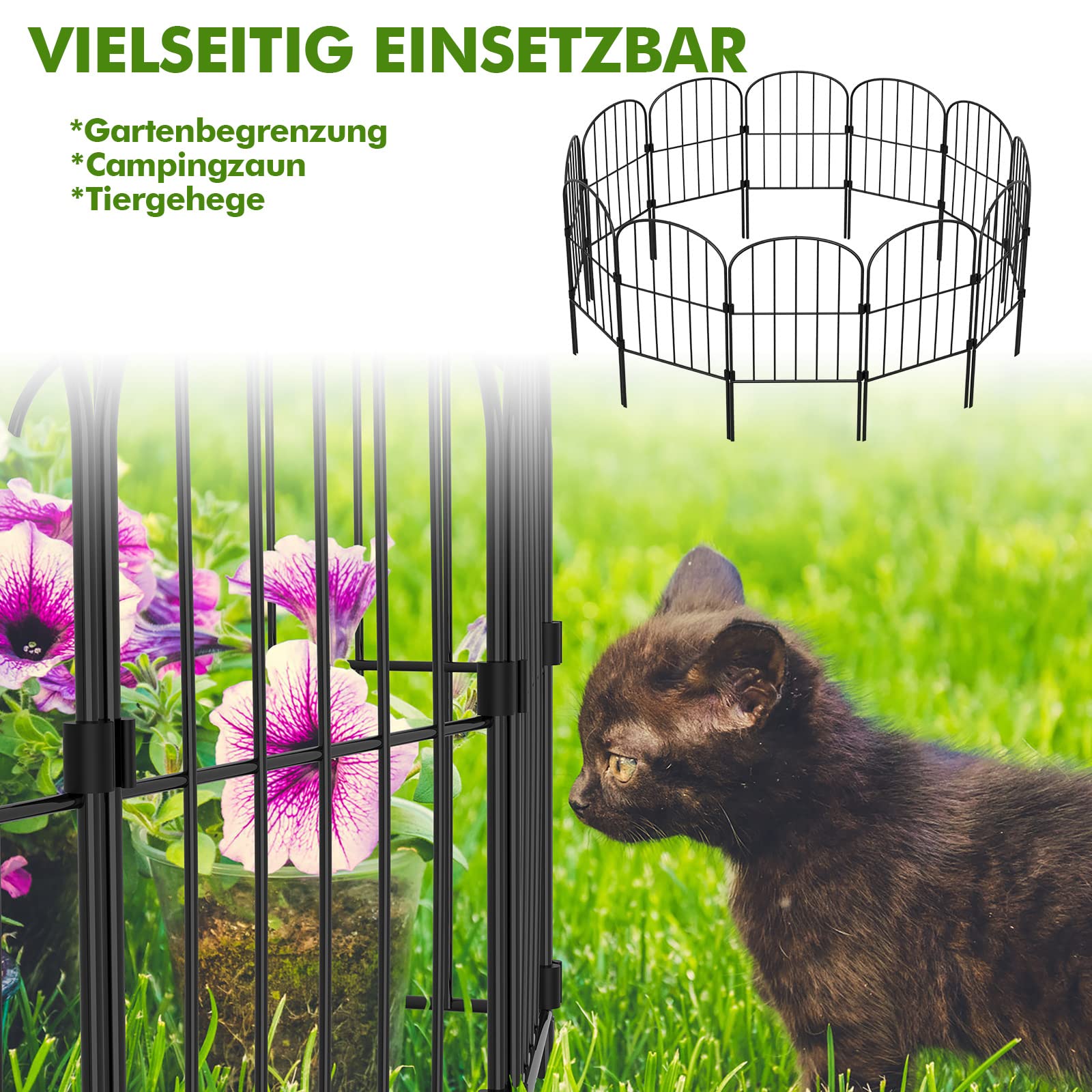 Gartenzaun 10 Stück Komplettset Dekorative Metallzaun Steckzaun, Oberbogen Gartenzaun Metall Zaunelemente, Zaun für Hunde (Oberbogen-B)