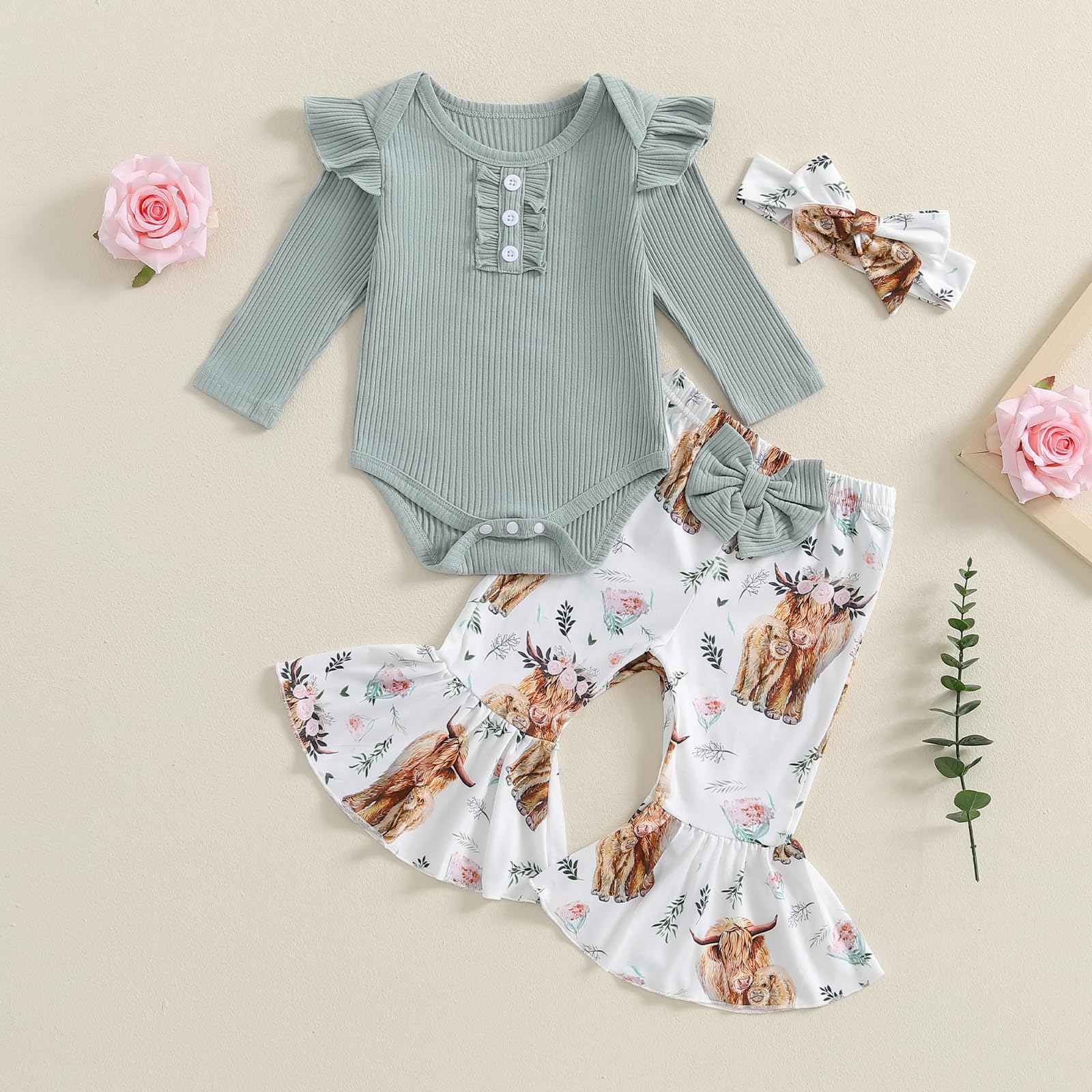 ZAXARRA Toddler Baby Girls Holiday Outfits Solid Color Ruffle Rompers Tops FlowerPumpkin Print Flare Pants Clothing Sets (Green, 3-6 Months)