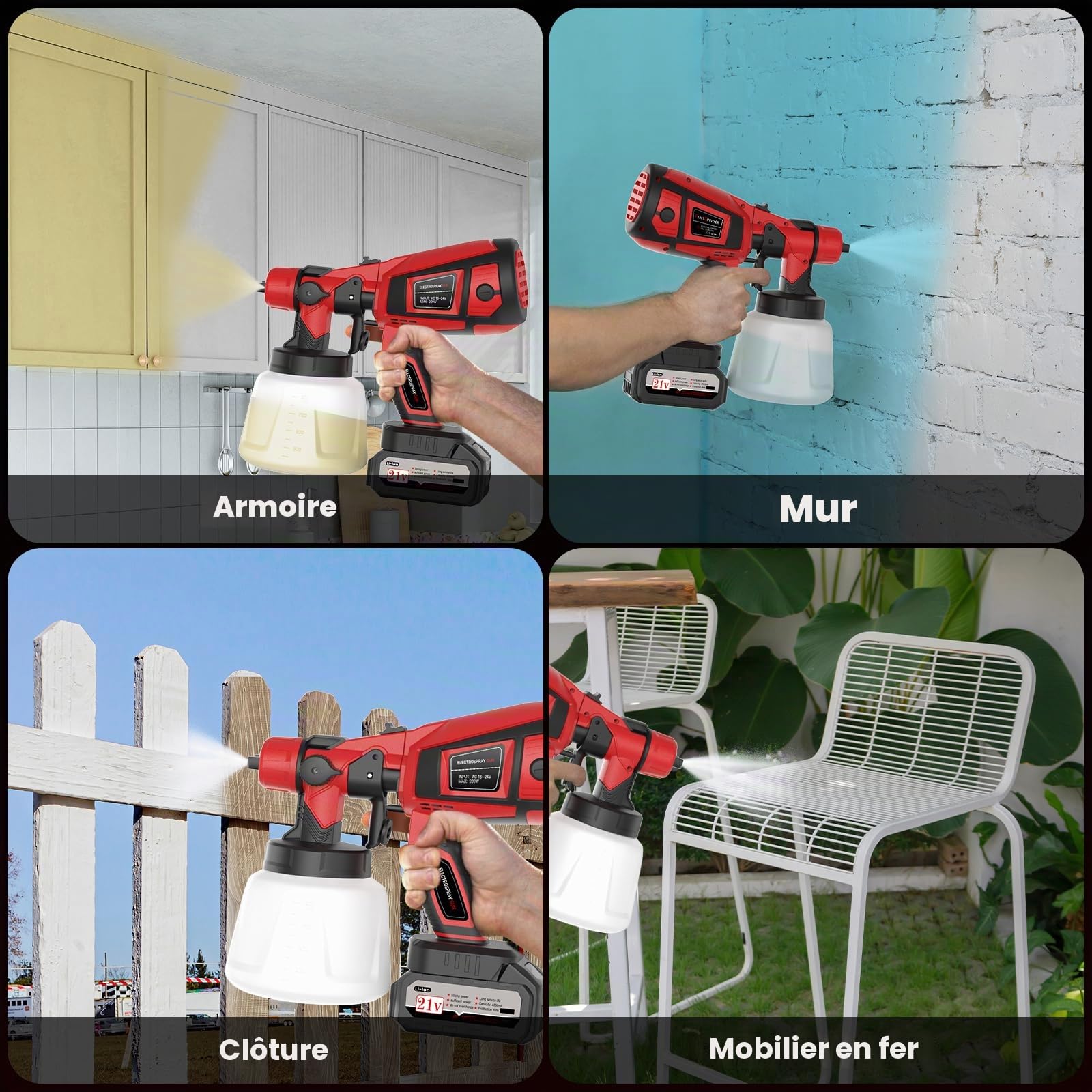 Pistolet Peinture Electrique, HVLP 650W Pulvérisateurs de Peinture avec 2x4000mAh Batteries,6 Buses et 3 Modes,Réservoir de 1000ML,Pistolet a Peinture sans Fil pour Maison,Meubles (Rouge)
