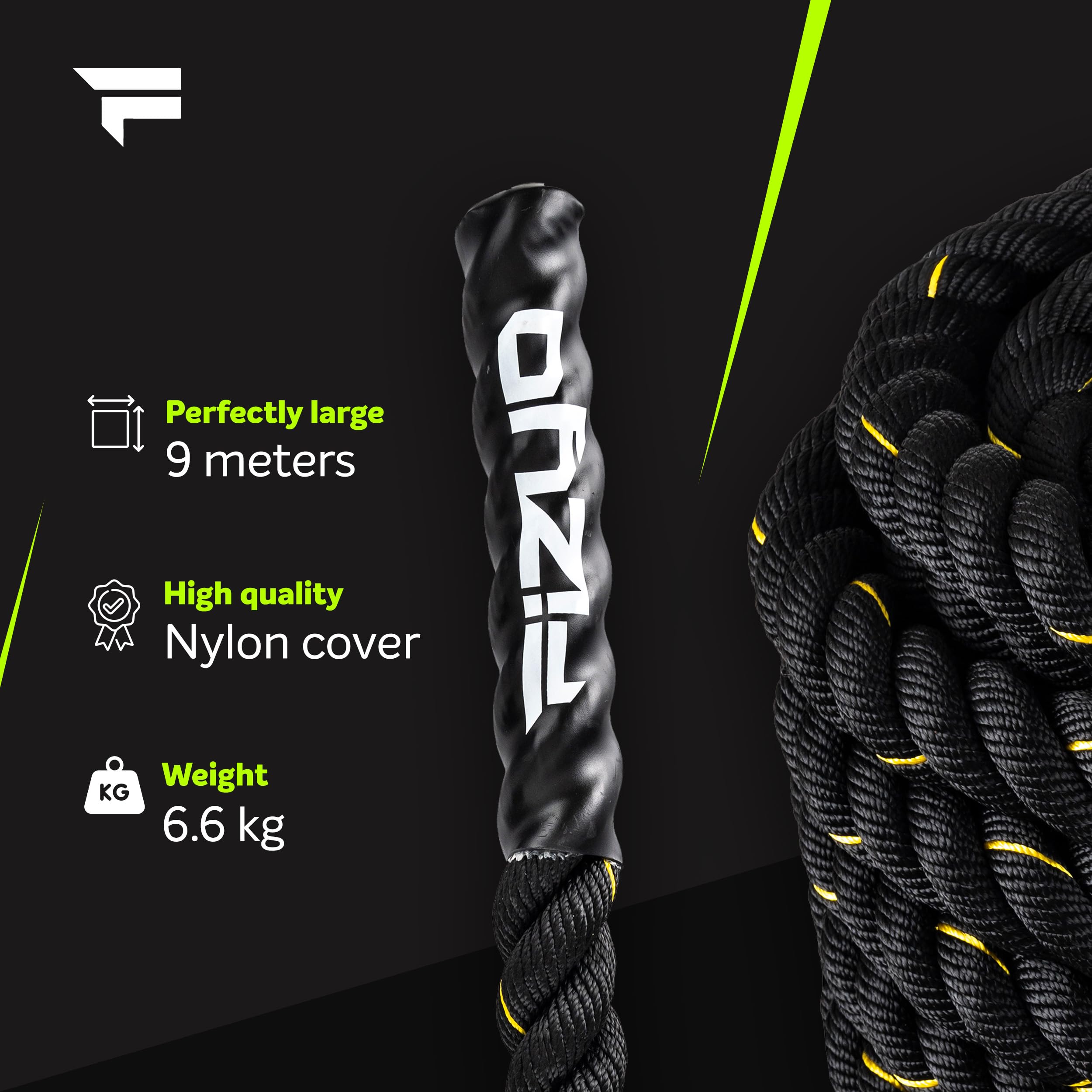 FIZYO Battle Rope – Corda da Allenamento Robusta per Functional Training, Cross Training, Forza e Resistenza – Diametro 3,8 cm, Costruzione a 3 Fili – Home Gym & Outdoor (9m)