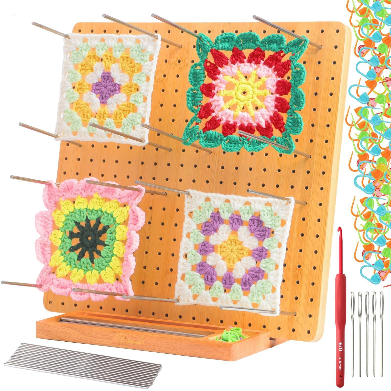 Hinourisha 11 Inch Crochet Blocking Board Handcrafted Wooden Knitting Blocking Mat for Knitting Crochet and Granny Squares, Kit with 15 Stainless Steel Rod Pins, Base Holds Pins and Hooks