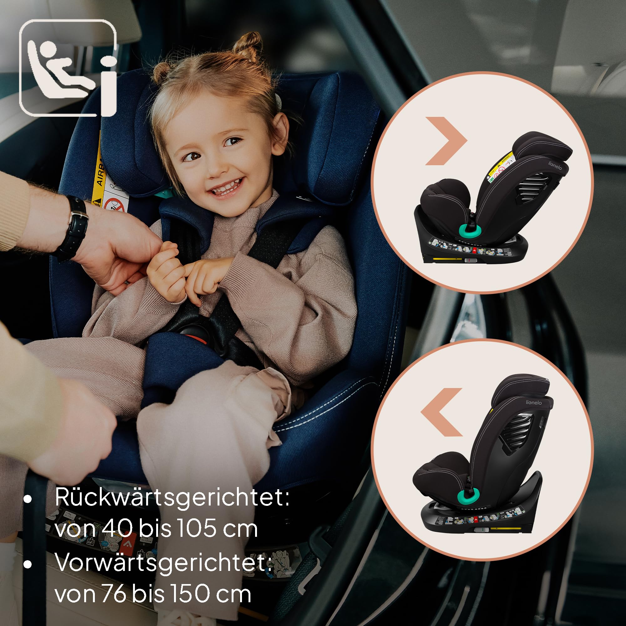 Lionelo Bastiaan i-Size One 360o drehbarer Autositz für Kinder 40-150 cm | Montage in Fahrtrichtung und entgegen der Fahrtrichtung möglich, ISOFIX Pas TopTether Einstellbare Rückenlehne