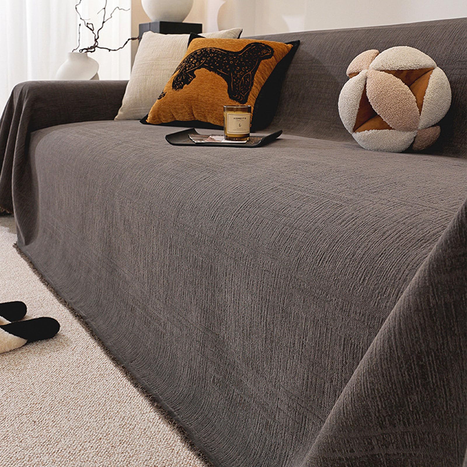 Jet de canapé 1 à 5 places lavable couverture chenille grise