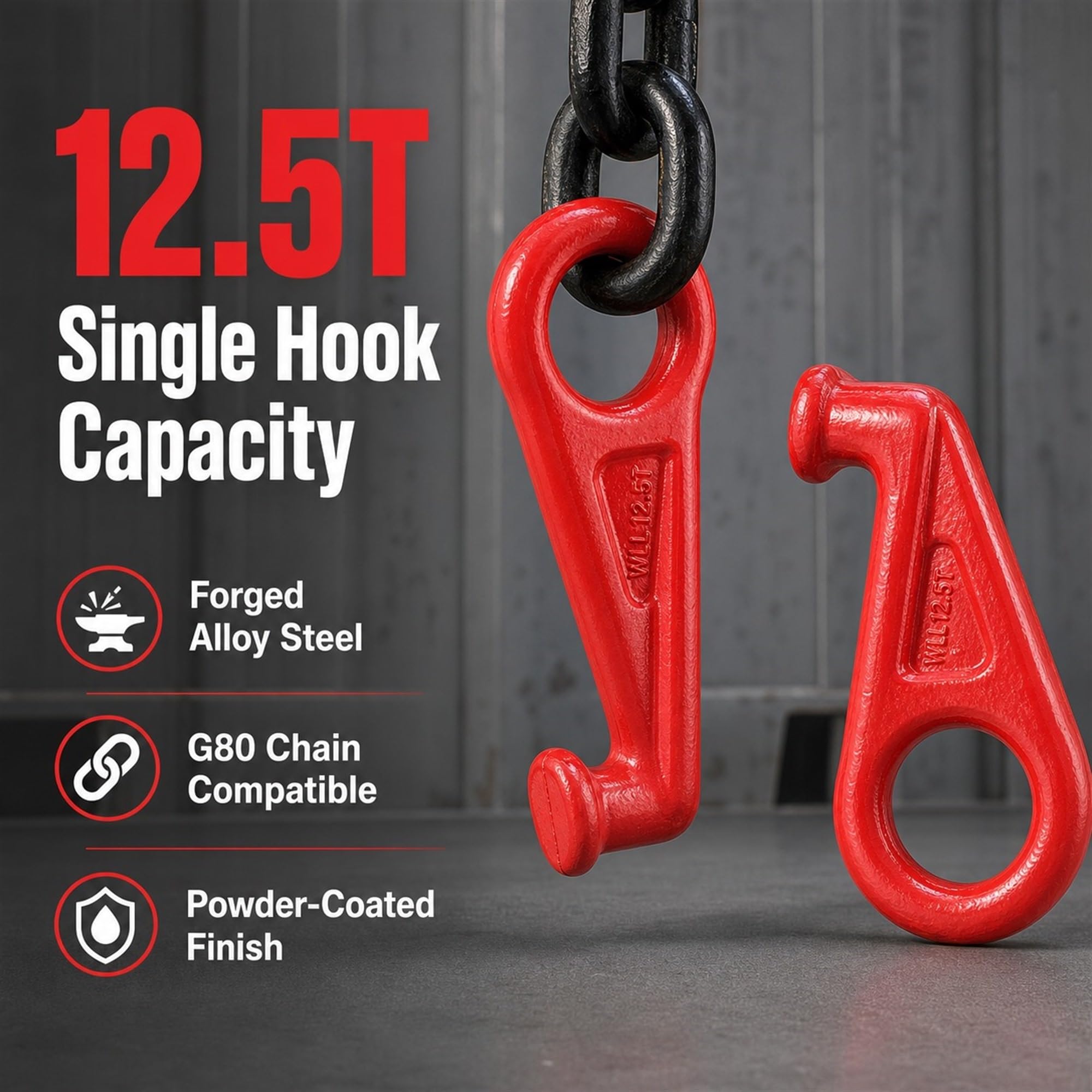 Set ganci di sollevamento for container, acciaio forgiato 12,5T | Acciaio legato, uso portuale e magazzino, compatibile con catena G80, set di ganci rossi da 2 pezzi