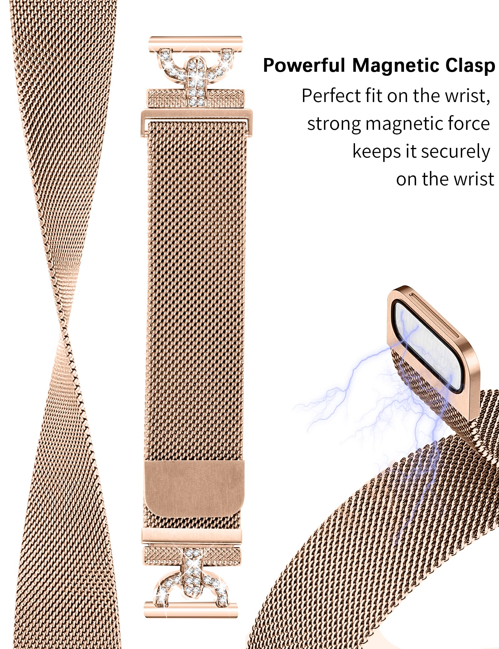 JOYOZY Magnetic Bands Compatible with Samsung Galaxy Watch 5/6/4 40mm 44mm/Galaxy Watch 5 Pro 45mm/Galaxy Watch 4/6 Classic 42mm 46mm 43mm 47mm/Active 2 Bands,20mm D-shaped with Diamonds Mesh Strap