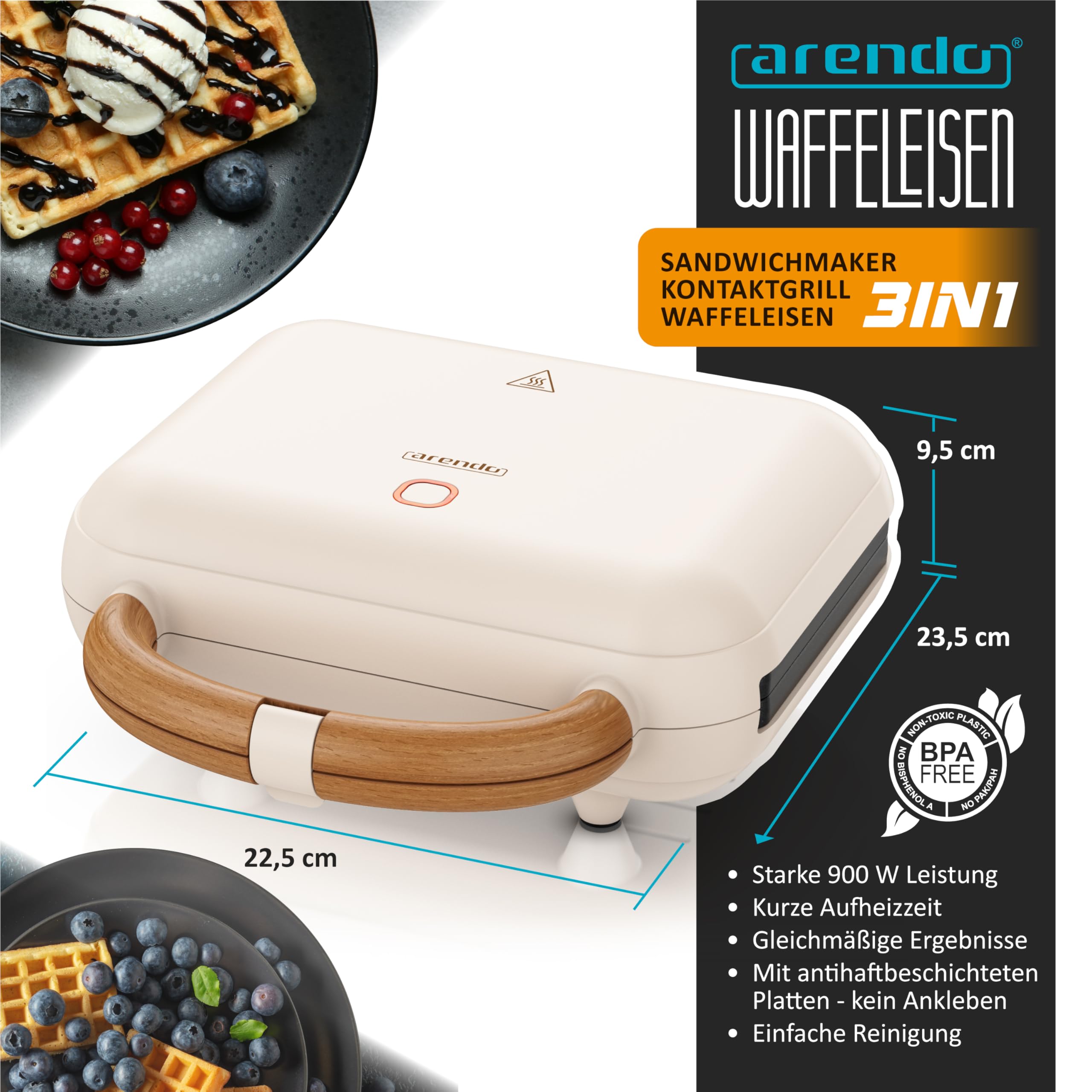 Arendo - Waffeleisen Belgische Waffel doppelt - 3in1 Sandwichmaker Kontaktgrill mit abnehmbaren Platten - 2 Zonen - mit Antihaftbeschichtung - BPA frei - Temperaturkontrolle – Sandwichtoaster