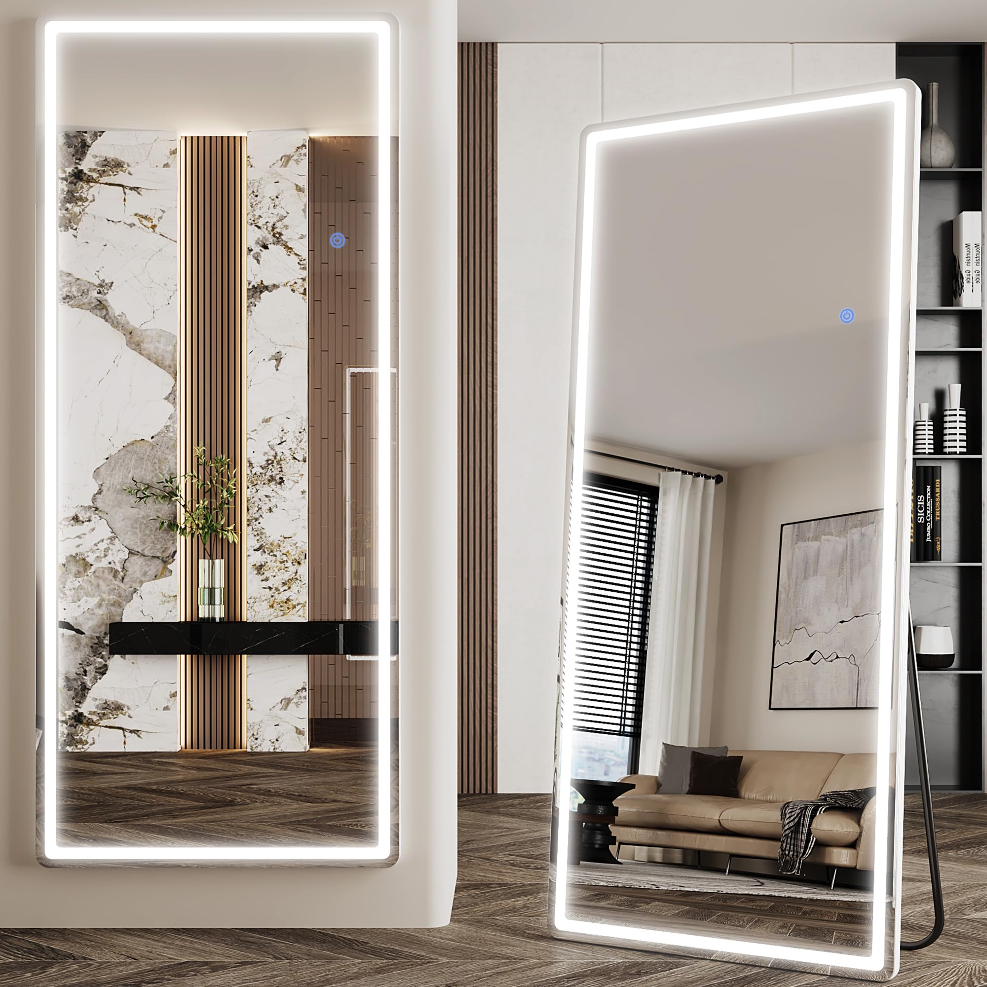 Antok LED Full Length Mirror, 71" x 28" Lighted Floor Standing LED Mirror Full Length,Hanging Mirrors with Stand Free Standing Floor Mirrors for Bedroom (Rect): 71"L x 28"W Rect Style White