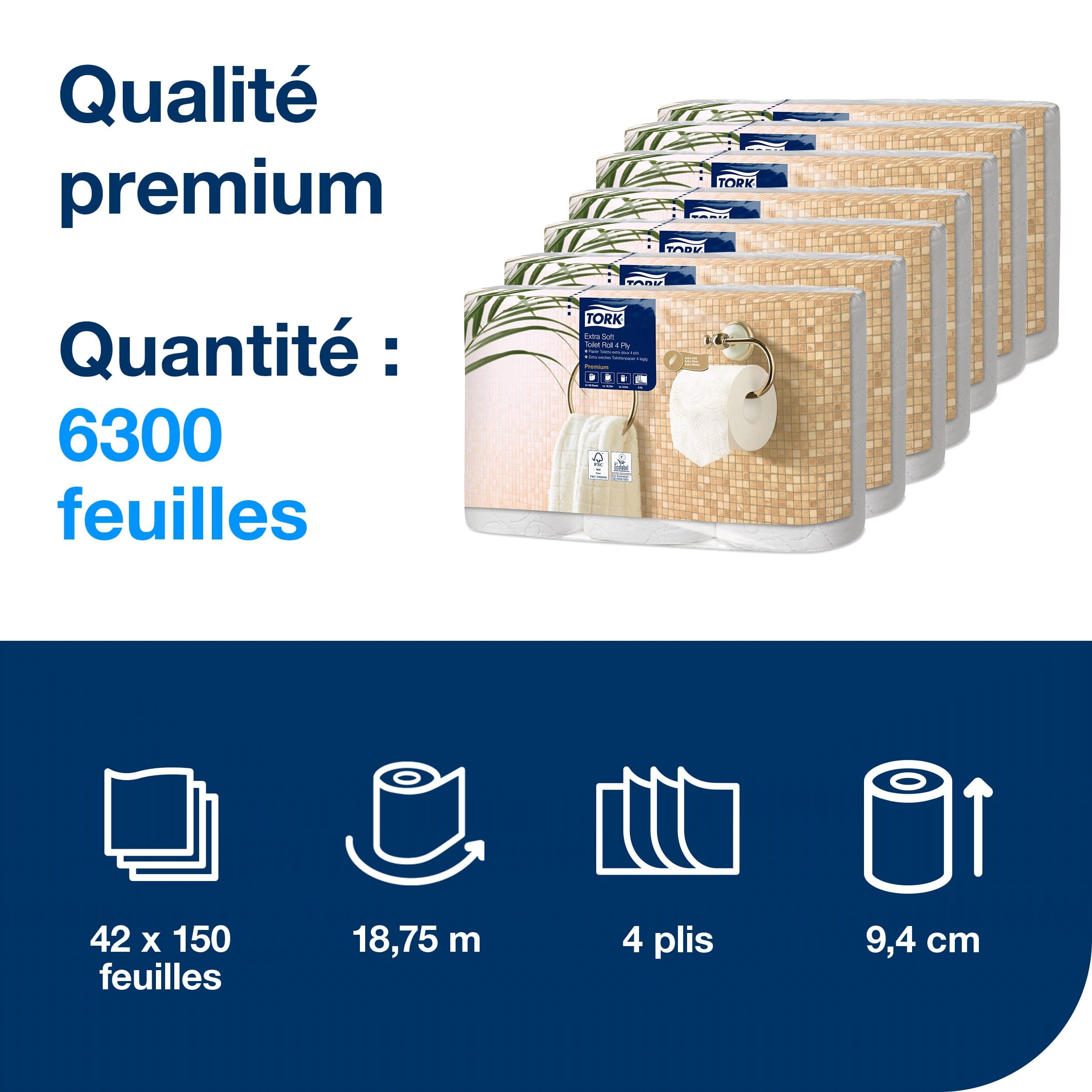 Tork Papier Toilette Rouleau traditionnel extra-doux blanc T4, Premium, 4 plis, 42 x 150 Feuilles, 110406