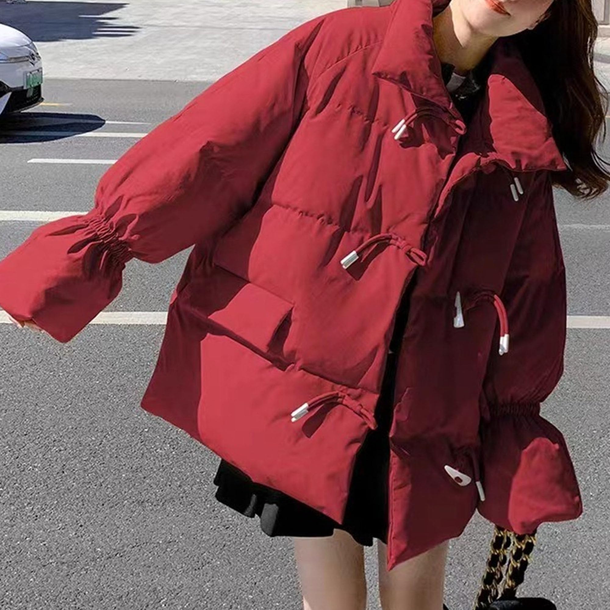 Giacche larghe casual da donna con bottoni in corno a maniche lunghe, colletto alla coreana con cerniera, trapuntato, accogliente, caldo capispalla
