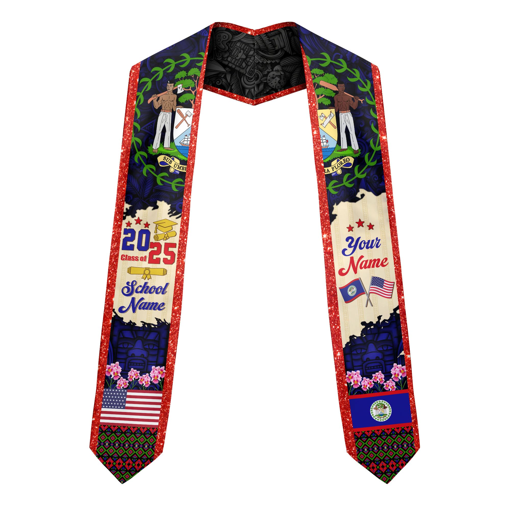 MonkeyVan Custom Belize Graduation Sash Belize Stole for Graduation Belize Flag Gift Graduation Sash Graduation Stole Bz5