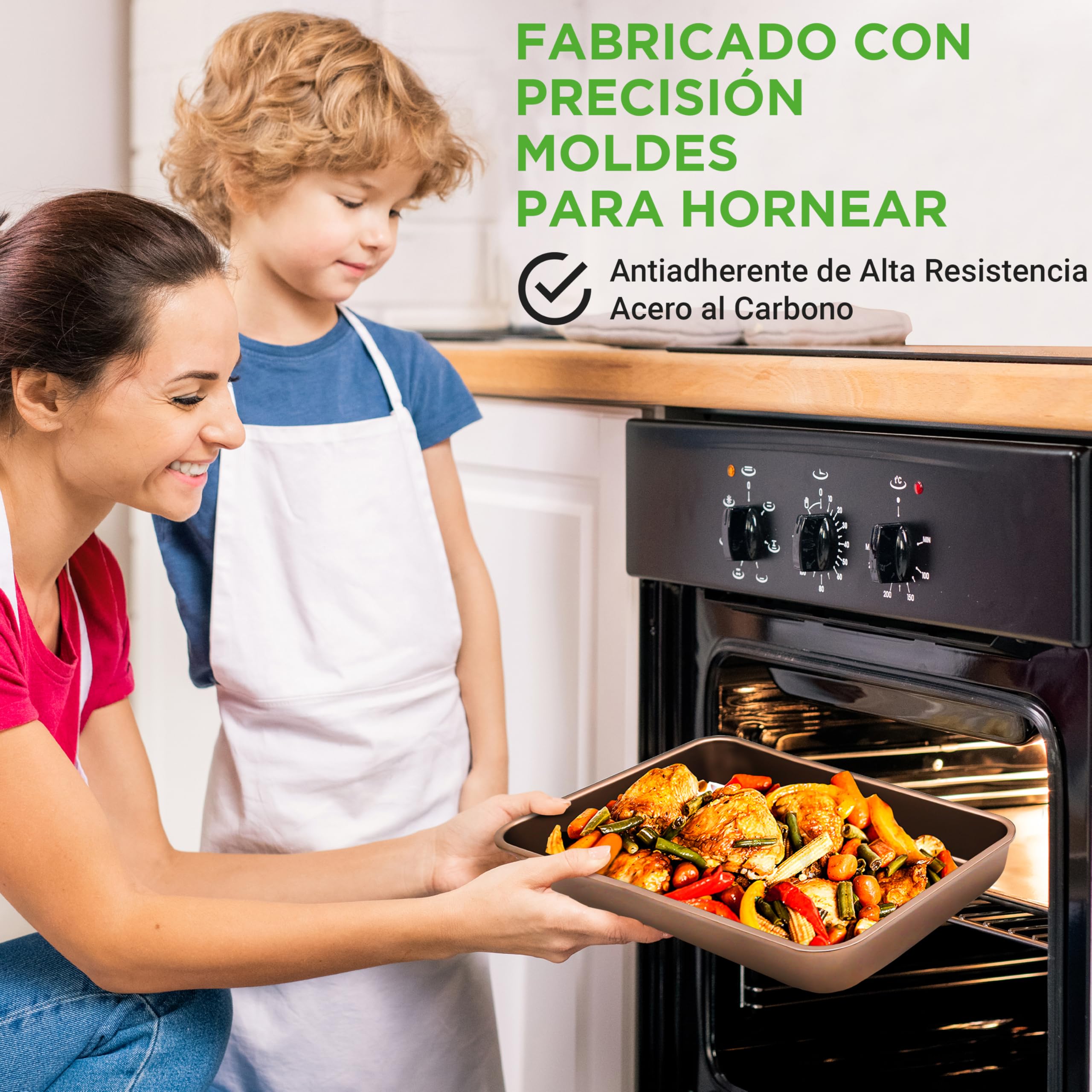 Nutrichef Bandejas Horno, Set de 6, Incluye: Bandejas para Galletas, para Asar, Molde para Magdalenas, Pan y Pasteles, Mangos de Silicona, Apilables, Acero al Carbono Resistente, Antiadherentes