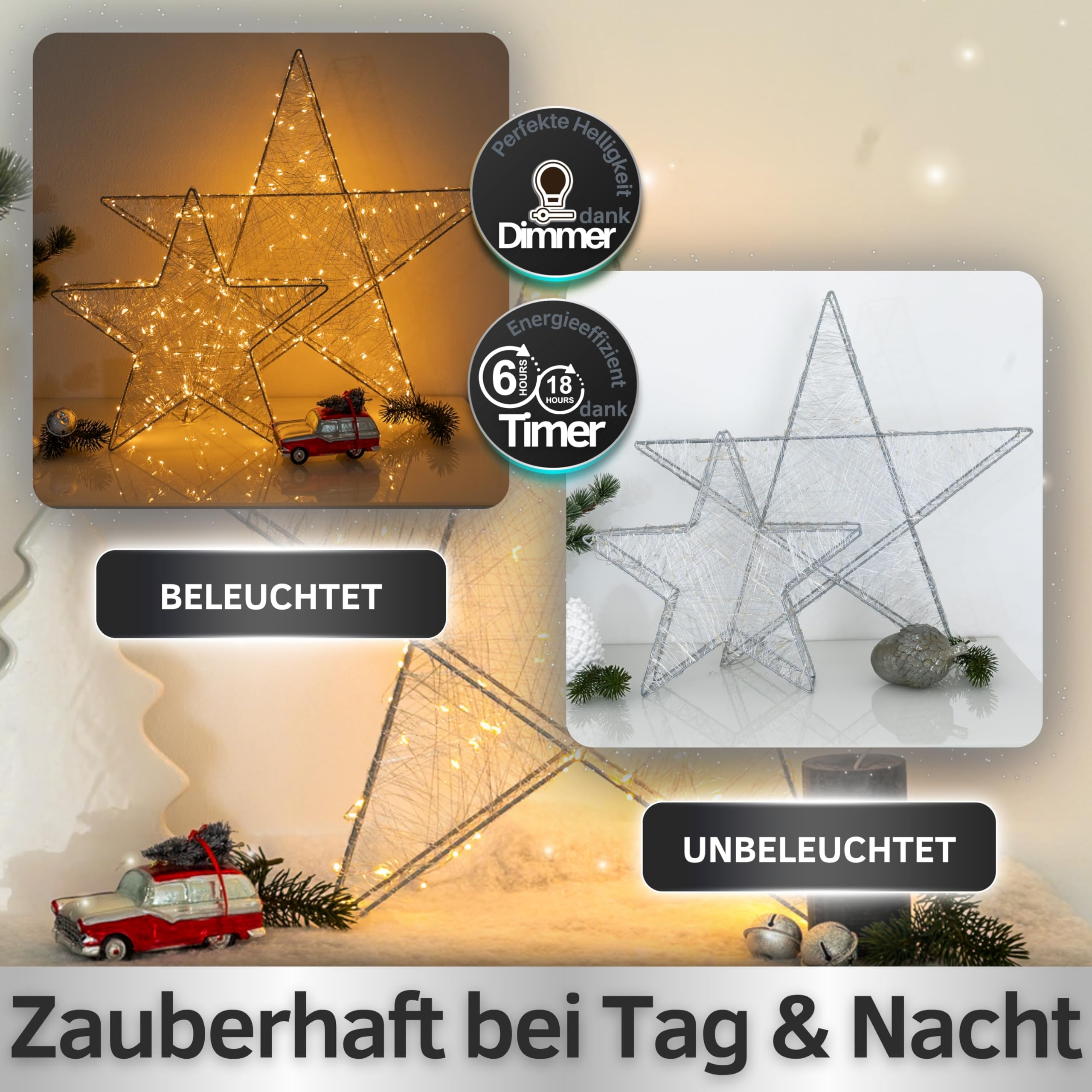 Batteriebetriebener LED Weihnachtsstern silber mit Fernbedienung & Timer - dimmbar - Dekostern beleuchtet mit warmweißen LEDs Innen und Außen Weihnachtsdeko Fensterdeko (Silber, 160 LEDs - B57xH54xT8)
