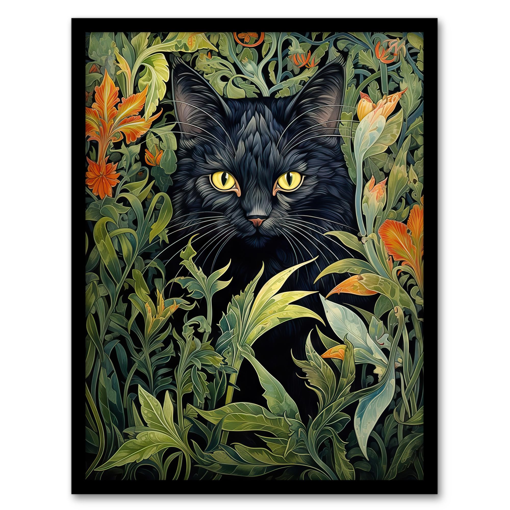 Artery8 Black Cat Hiding In Flower Field Modern William Morris Style Painting Orange Green Spring Bloom Animal Portrait Artwork Framed Wall Art Print A4