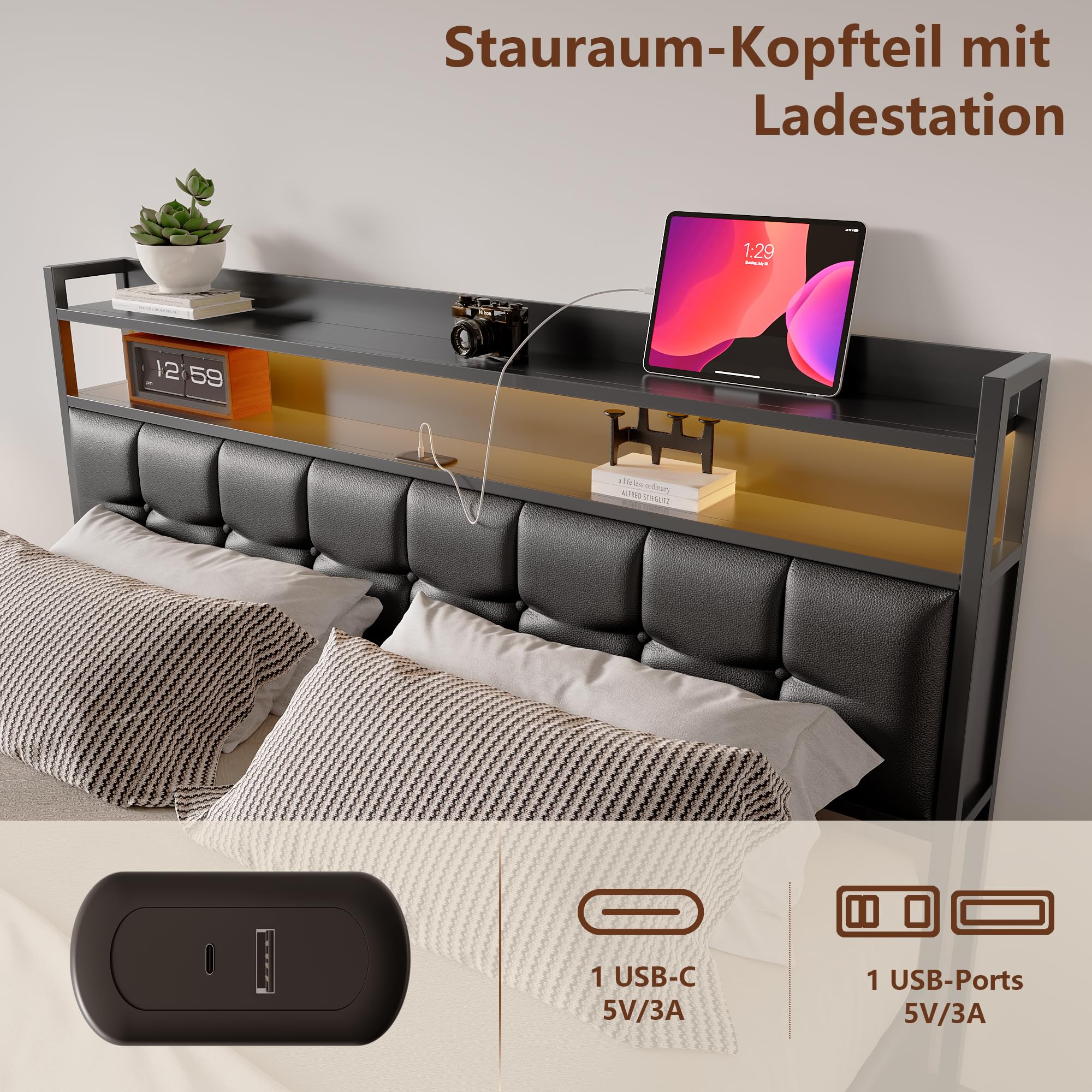 Tweepersoonsbed 160x200, met hydraulische opbergruimte, hoofdeinde met USB en LED-verlichting