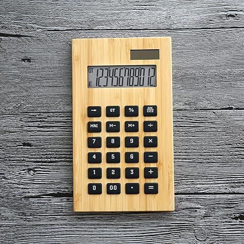 MJWDP Calculadora solar con pantalla grande de 12 dígitos, calculadora de bambú y madera, escritorio financiero para estudiantes, computadora de